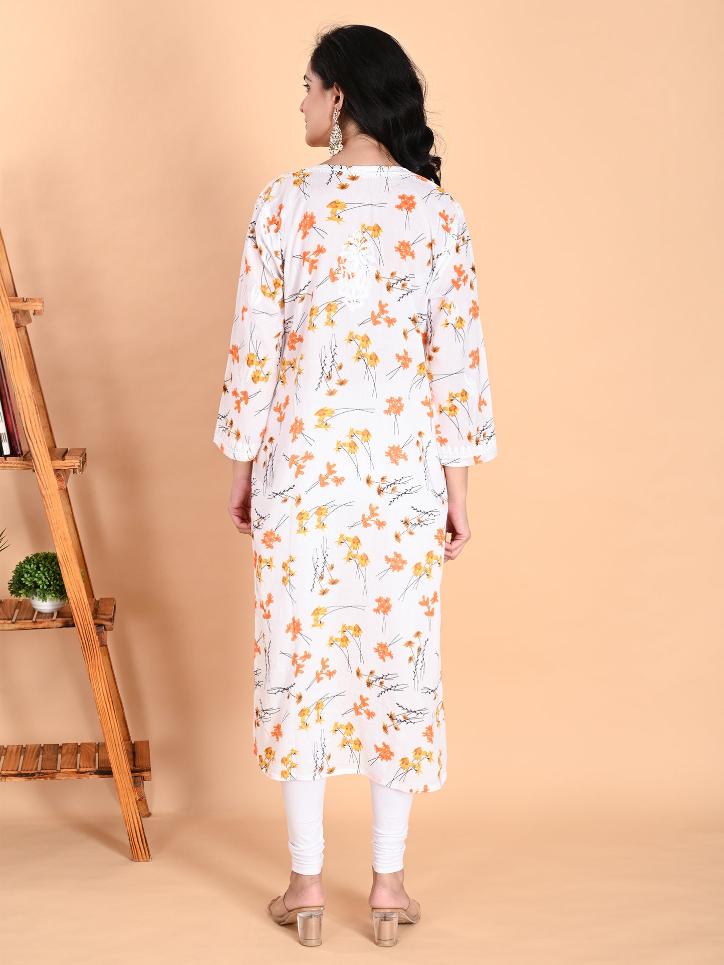 Mulmul Cotton Lucknowi Chikankari Orange Floral Printed Long Kurta for Women with Hand Embroidery – Ethnic Wear Kurti