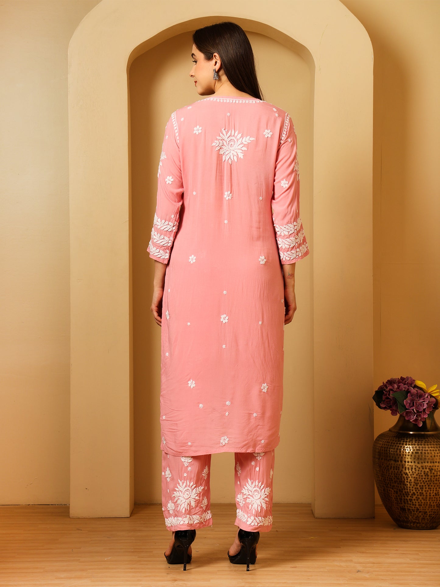 Nazaira Modal Lucknow Chikankari Kurta Set for Women with Palazzo | 3D Hand Embroidery Long Kurti | Ethnic Wear for Women | Handmade Luckhnawi Chickankari | Pink |