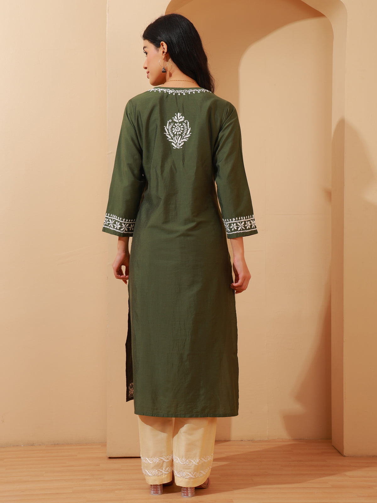 Nazaira Chanderi Chikankari Kurta Pant Set for Women | Olive Green Long Kurta with Hand Embroidery | Lucknowi Chikankari Ethnic Wear | 3/4 Sleeve Kurti Set with Pocket Pants