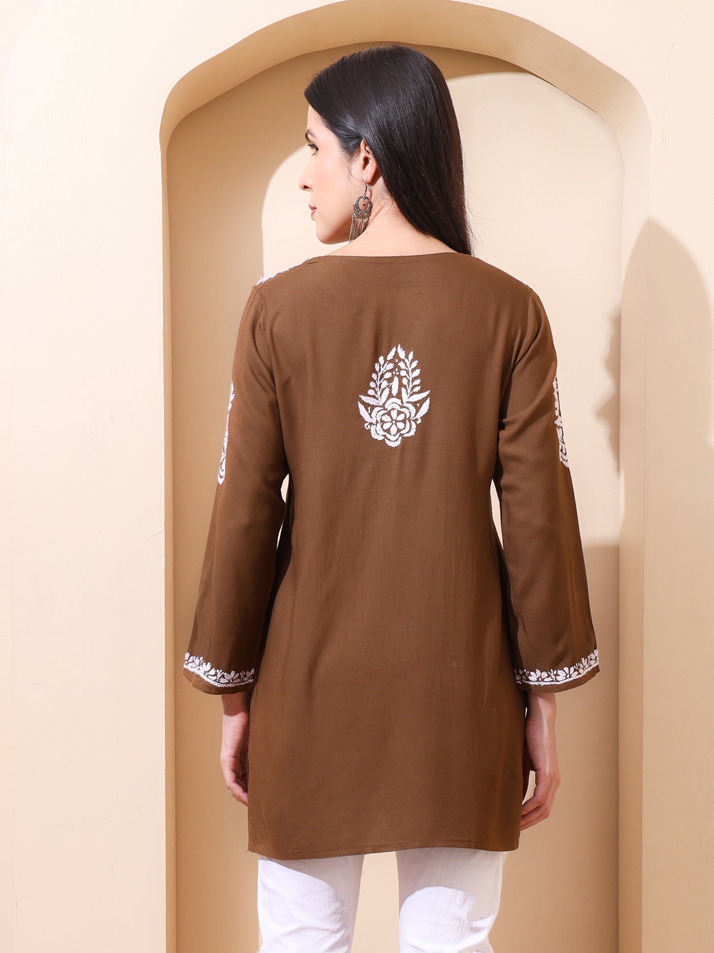 Nazaira Women’s Rayon Lucknow Chikankari Short Kurta | Handmade Hand Embroidered Luckhnawi Kurti for Women | Ethnic Wear Tunic Top for Daily, Casual Brown