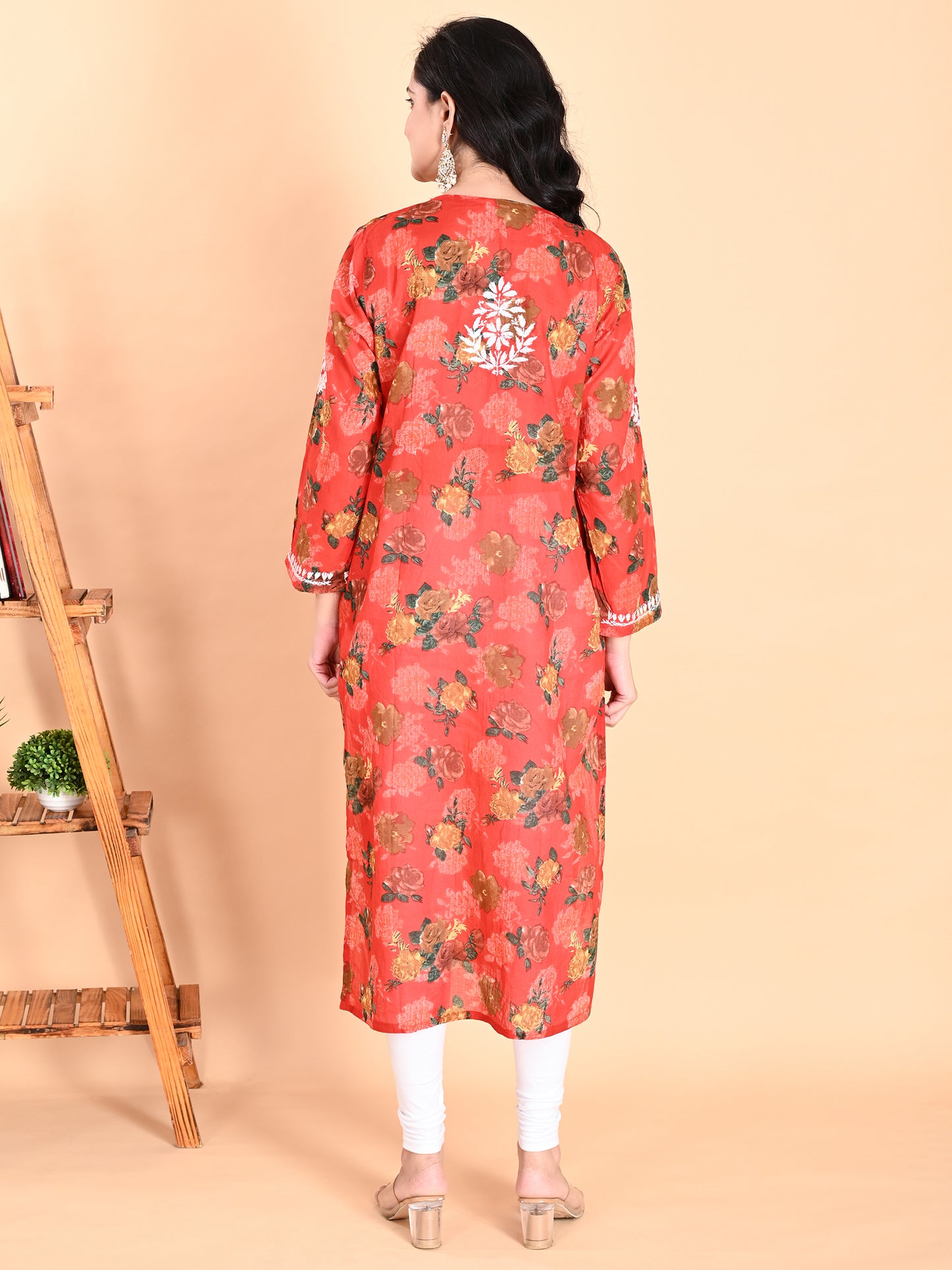 Red Mul Cotton Lucknowi Chikankari Floral Printed Long Kurti for Women with Hand Embroidery – Elegant Ethnic Wear Kurta
