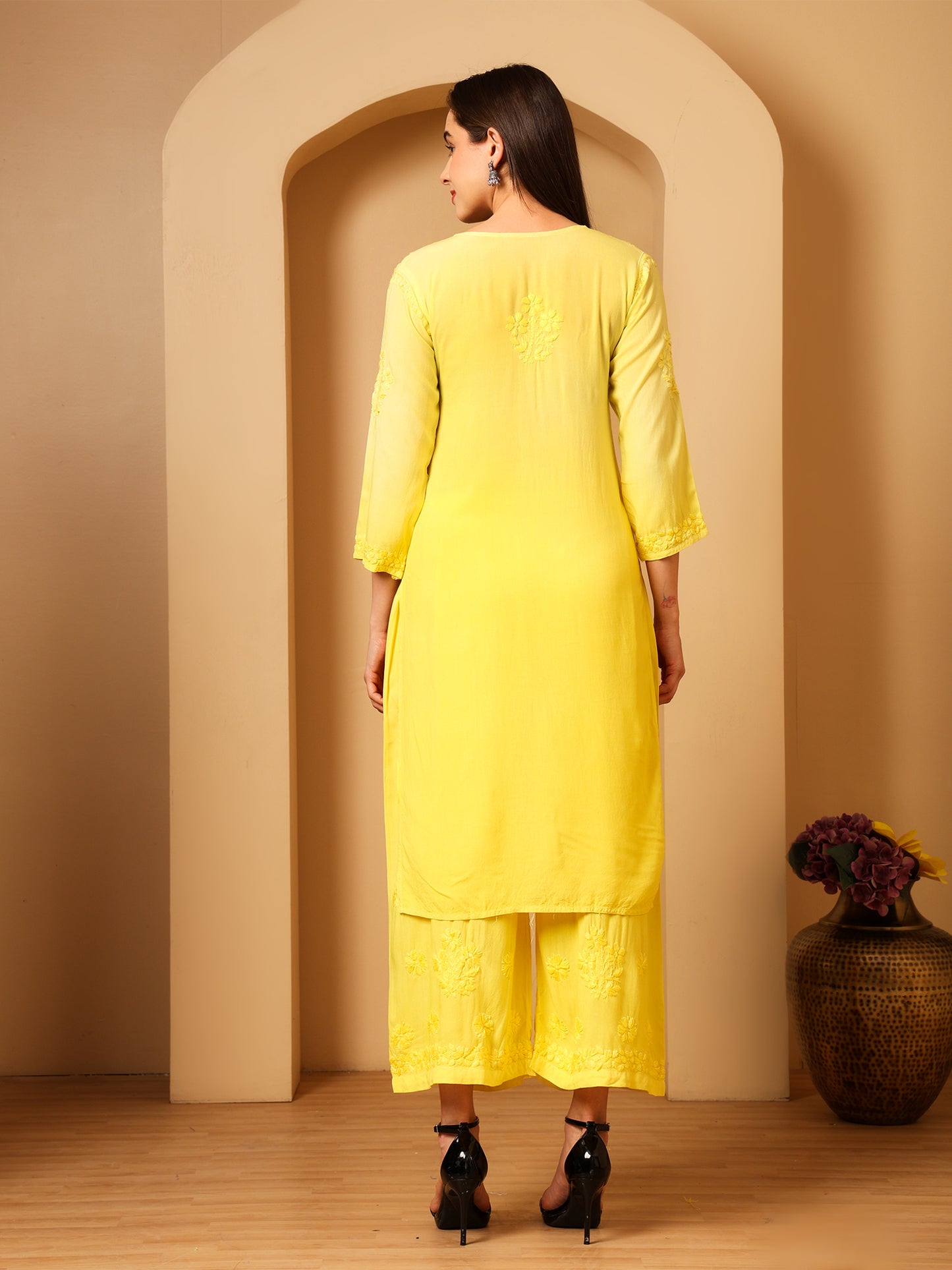 Nazaira Women’s Rayon Lucknow Chikankari Kurta Palazzo Set | Yellow Ombre Hand Embroidered Kurti Set | Ethnic Wear for Women | Handmade Luckhnawi Chickankari Kurta with Palazzo