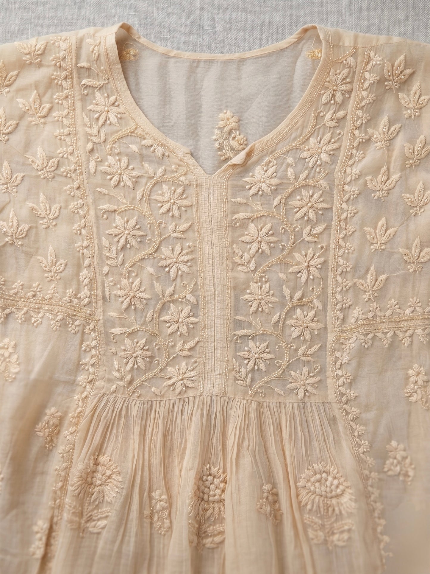 Nazaira Pure Mul Chanderi Semi-Stitched Dress Material for Women with Dupatta | Hand Embroidered Lucknow Chikankari Suit | Naira Cut Gown Style Ethnic Wear | Heavy Cutdana Handwork | Cream