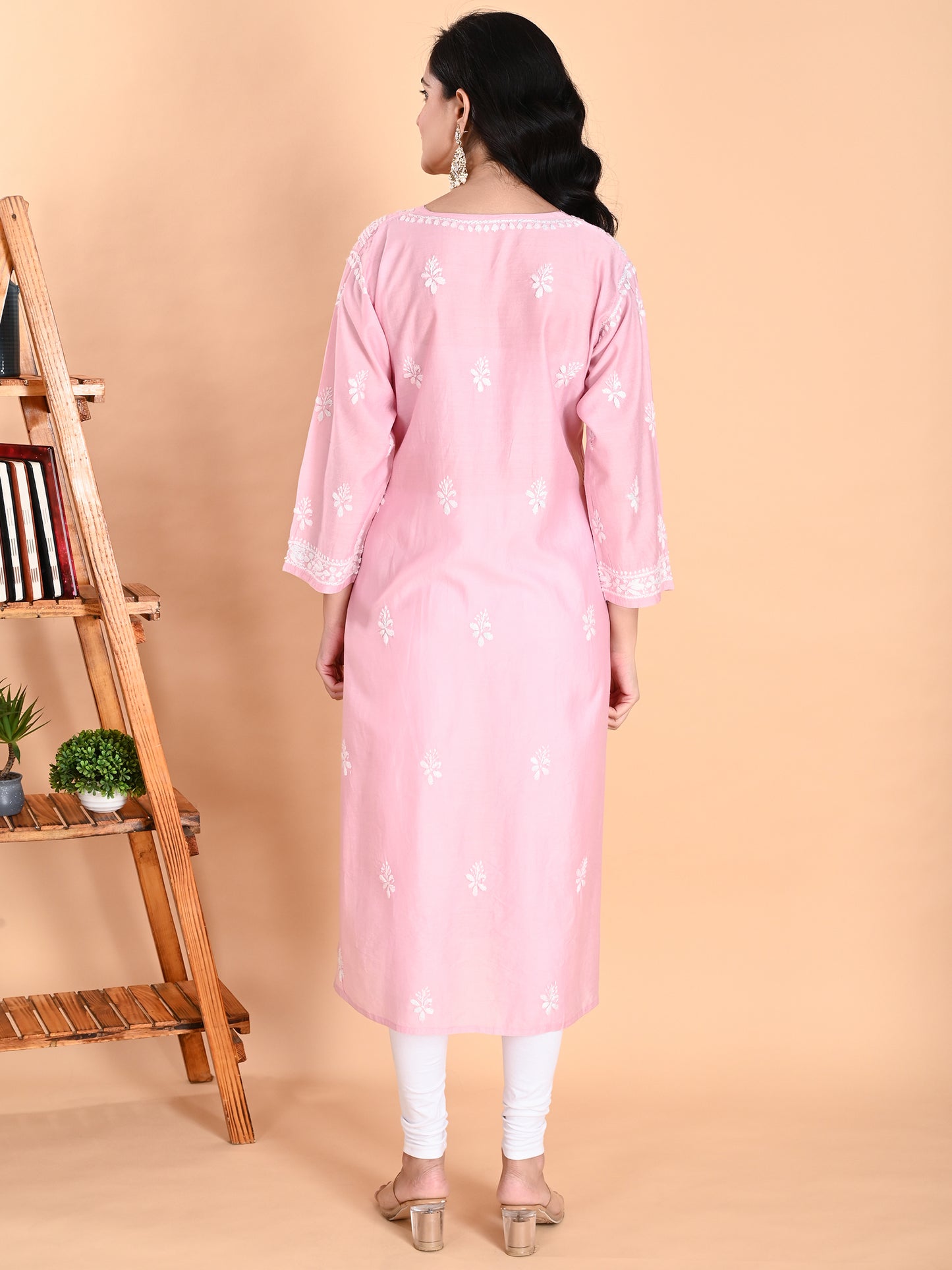 Pink Chanderi Lucknowi Chikankari Anarkali Kurta for Women with White Hand Embroidery – Handmade Ethnic Wear Kurti