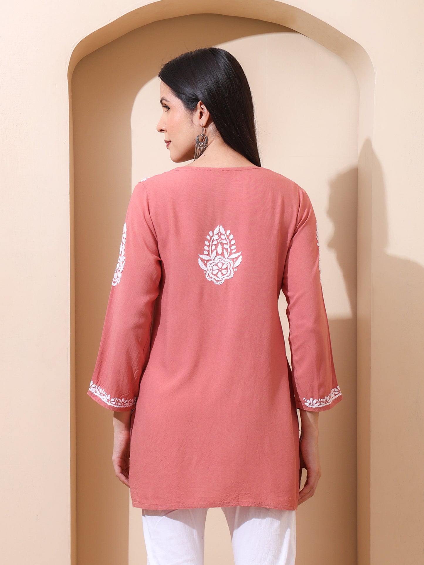 Nazaira Women’s Rayon Lucknow Chikankari Short Kurta | Handmade Hand Embroidered Luckhnawi Kurti for Women | Ethnic Wear Tunic Top for Daily, Casual Peach