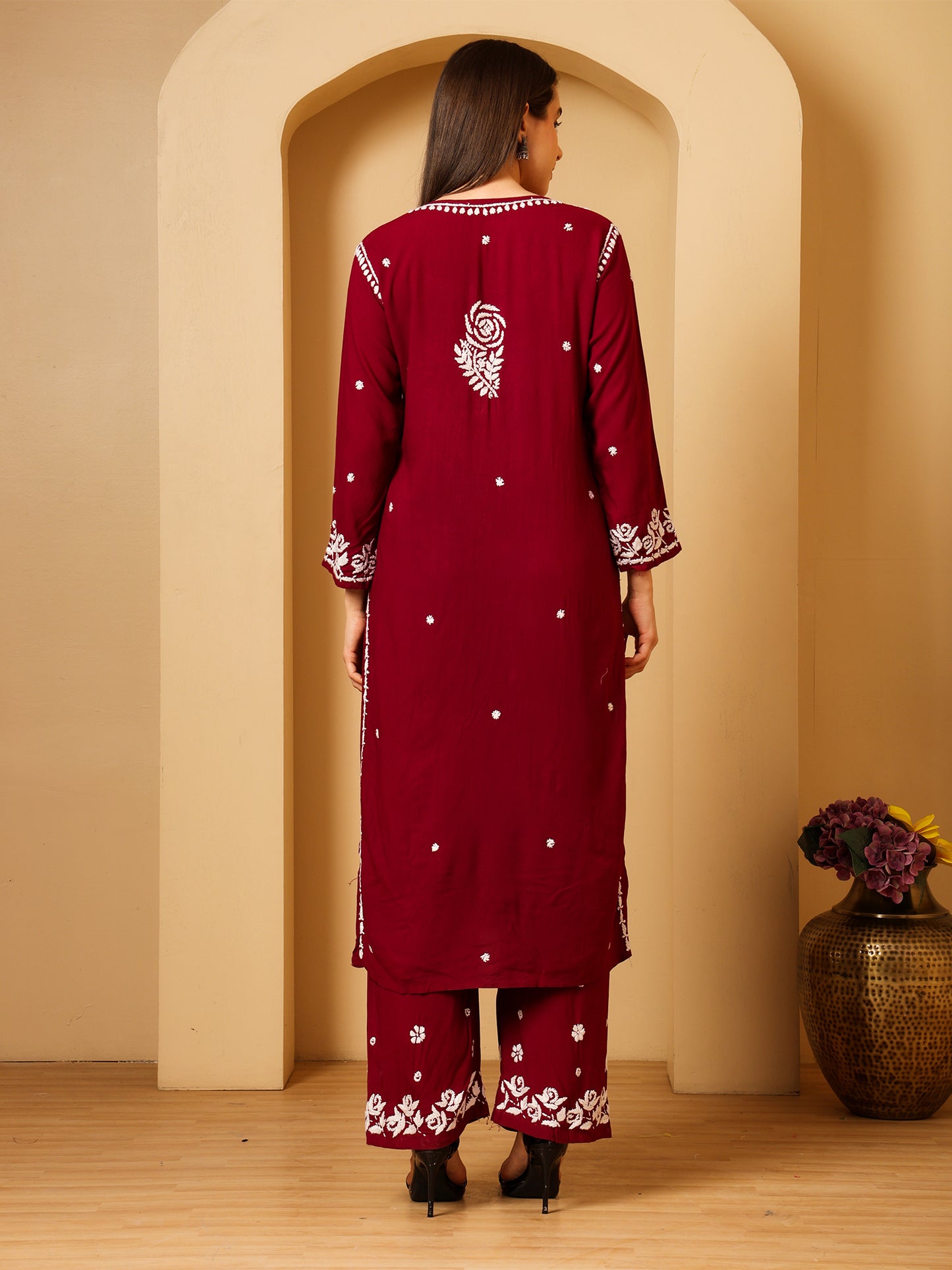 Nazaira Women’s Rayon 3D Work Lucknow Chikankari Kurta with Palazzo Set | Hand Embroidered Lucknawi Chickankari Kurti | Ethnic Wear | Maroon |