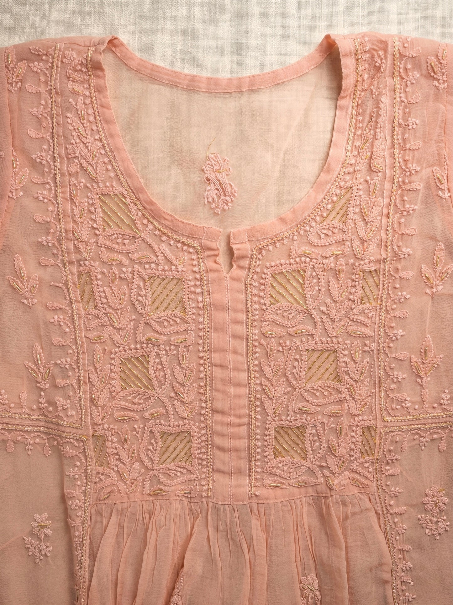 Nazaira Pure Mul Chanderi Semi-Stitched Lucknow Chikankari Suit for Women with Dupatta | Hand Embroidered Naira Cut Gown Style Dress Material | Heavy Cutdana Work | Ethnic Wear | Pastel Peach |