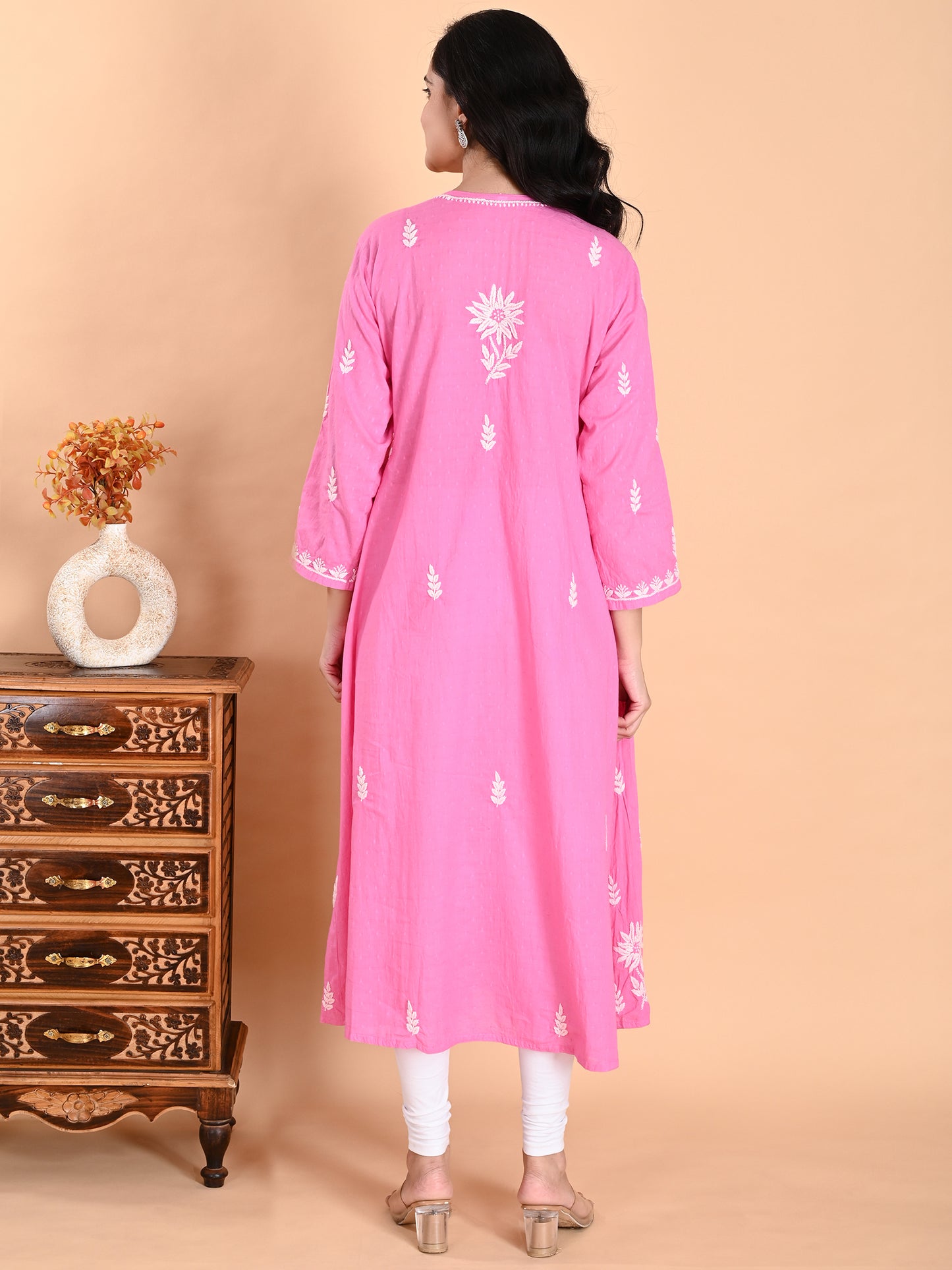 Pink Cotton Lucknowi Chikankari Long Gown Style Kurta for Women with White Hand Embroidery – Ethnic Wear Kurti