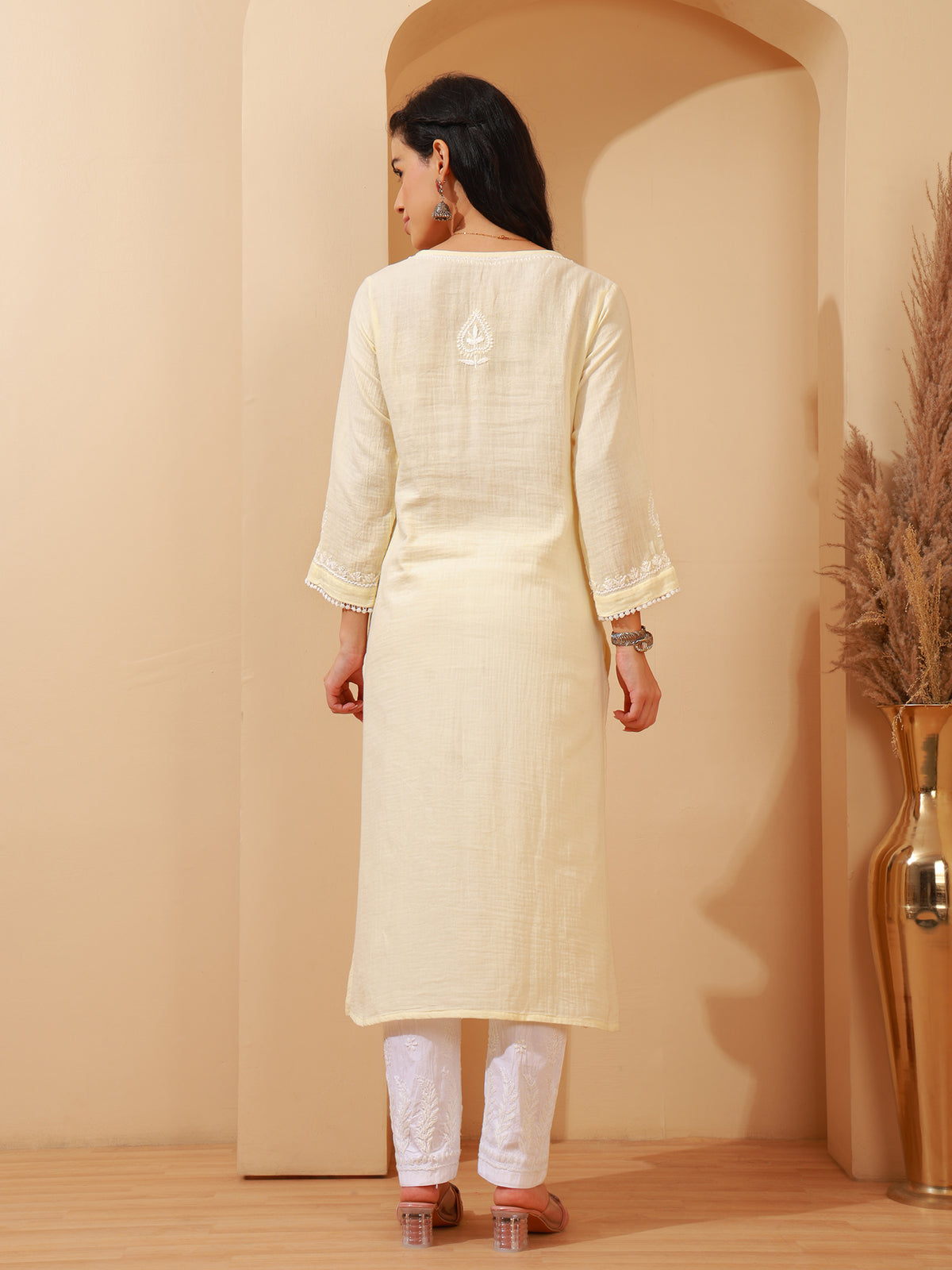 Nazaira Women's Cream Cotton Chikankari Kurta | Lucknowi Hand Embroidered Long Kurti with Pockets | Double Gauze Cotton Ethnic Wear | Modern Traditional Handwork Kurta