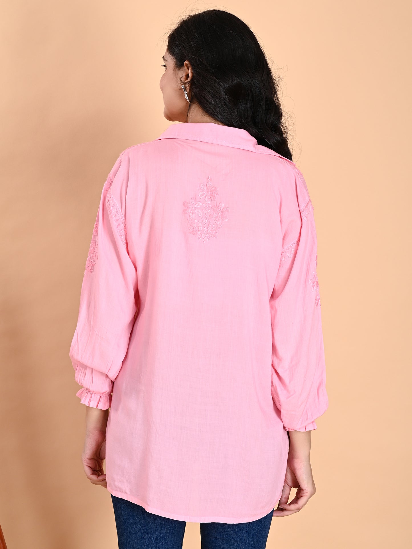 Pink Modal Lucknowi Chikankari Shirt Style Short Kurti for Women with Hand Embroidery – Casual Ethnic Wear Top