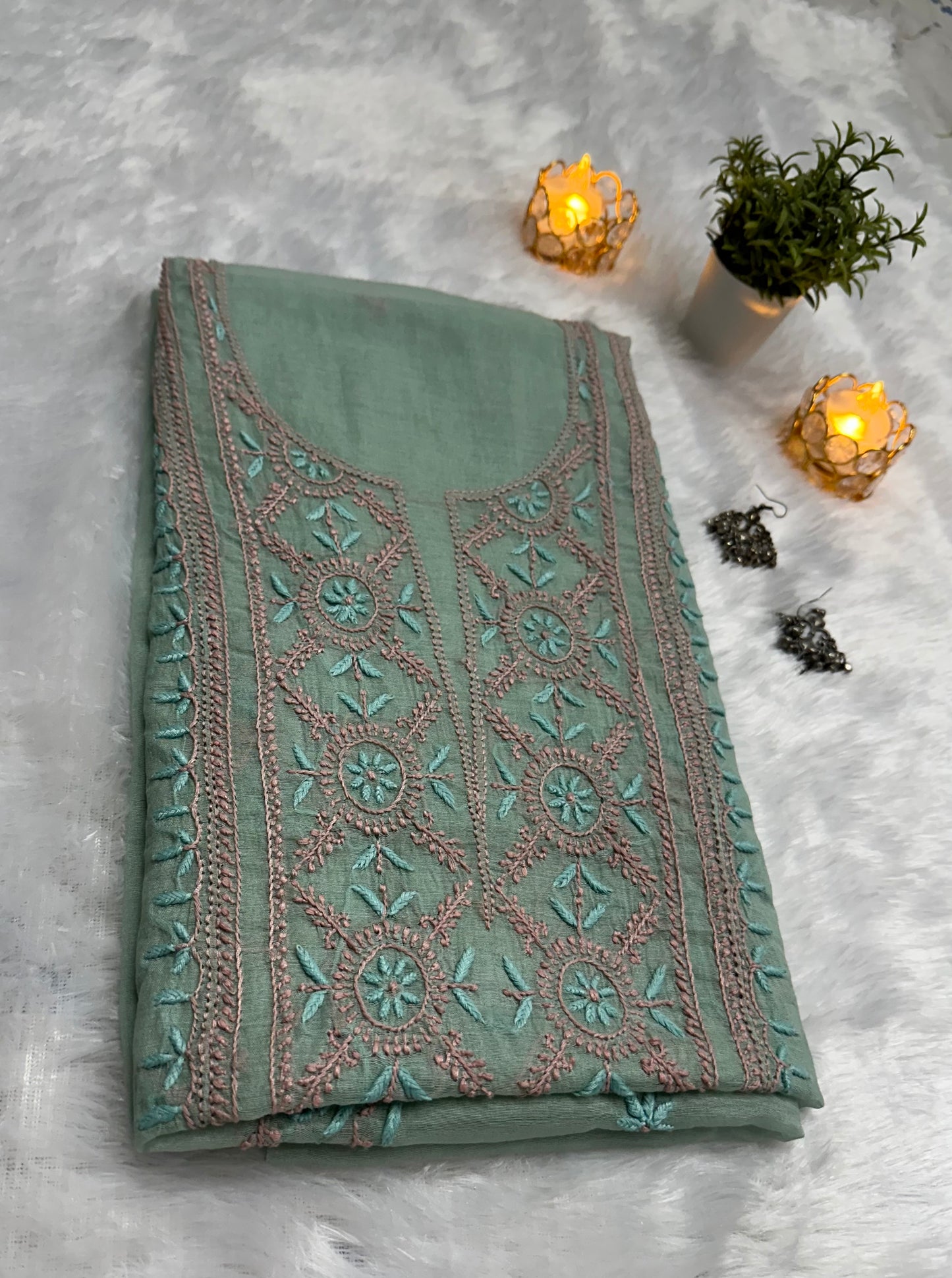 Pure Mul Chanderi Lucknowi Chikankari Unstitched Suit for Women with Dupatta – Hand Embroidered Ethnic Dress Material (2 Piece Set) - Sea Green