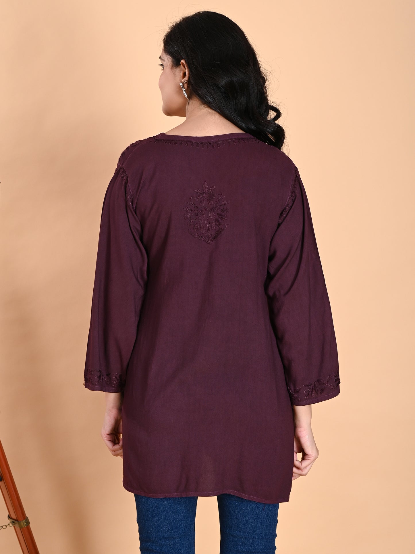 Wine Rayon Lucknowi Chikankari Short Kurti for Women with Hand Embroidery – Ethnic Daily Wear Tunic Top