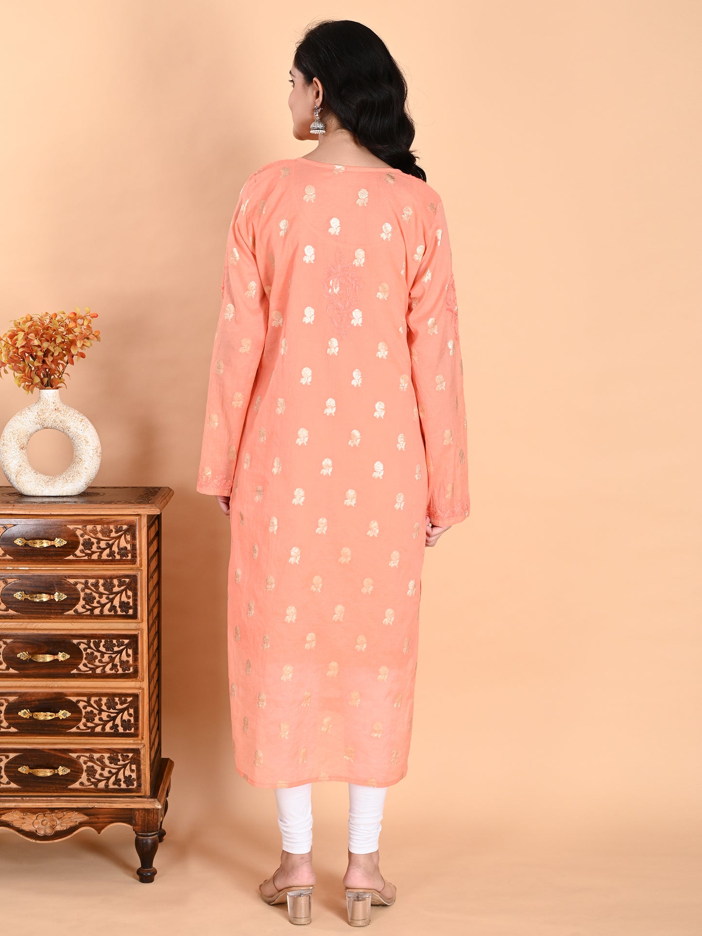 Peach Mul Chanderi Lucknowi Chikankari Long Kurta for Women with Inner, Banarasi Boota Hand Embroidery – Ethnic Wear Kurti