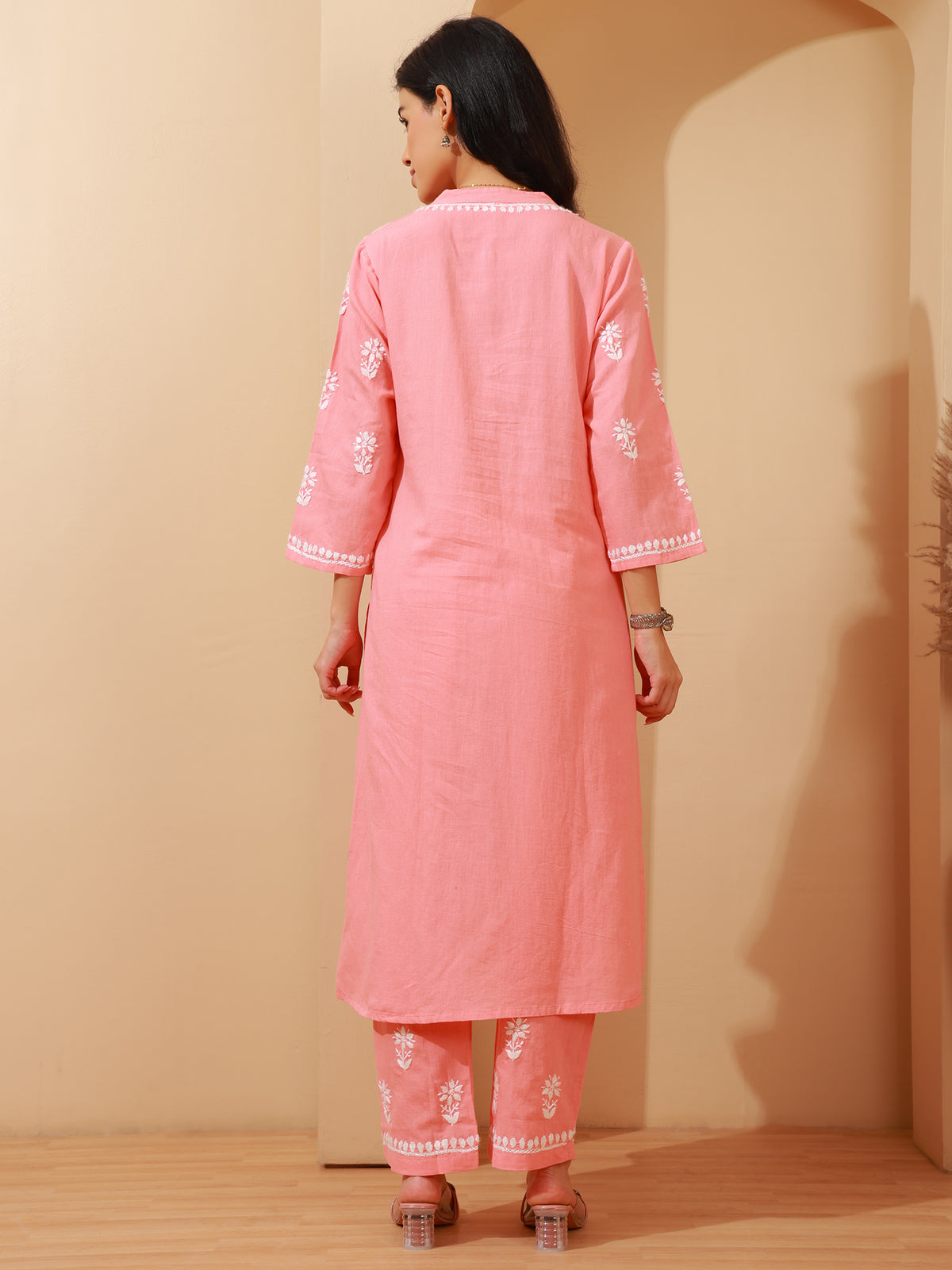 Nazaira Cotton Chikankari Kurta Pant Set for Women | Peach Lucknowi Hand Embroidered Shirt Style Long Kurta with Pant & Pockets | Handmade Ethnic Wear | Modern Traditional Chikankari Handwork