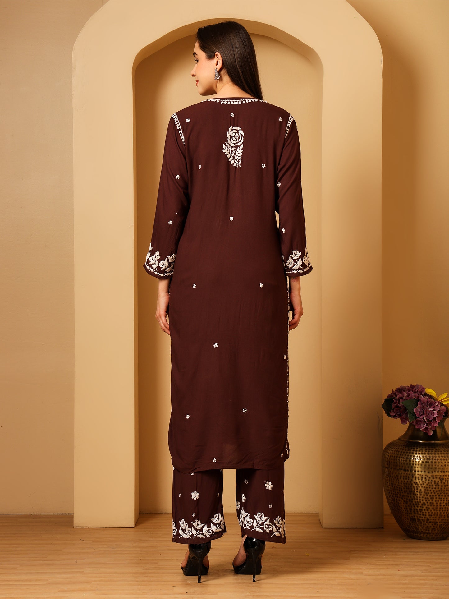 Nazaira Women’s Rayon 3D Work Lucknow Chikankari Kurta with Palazzo Set | Hand Embroidered Lucknawi Chickankari Kurti | Ethnic Wear | Brown |