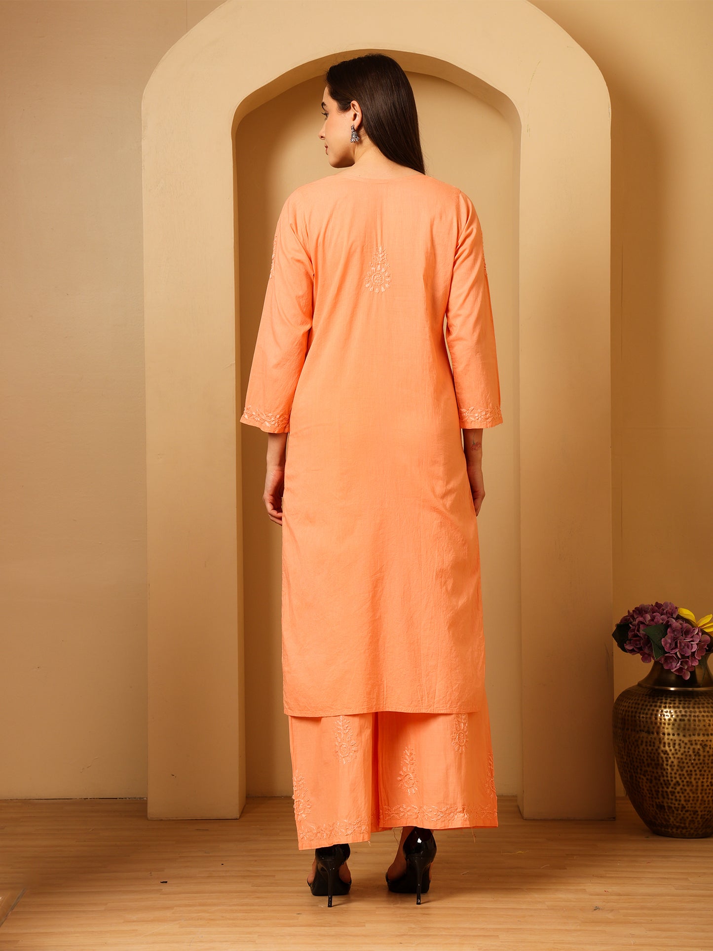 Cotton Chikankari Kurta Palazzo Set for Women | Hand Embroidered Lucknowi Chikankari Kurti with Palazzo | Ethnic Wear Long Kurta Set (Peach) | Handmade Cotton Kurta for Women
