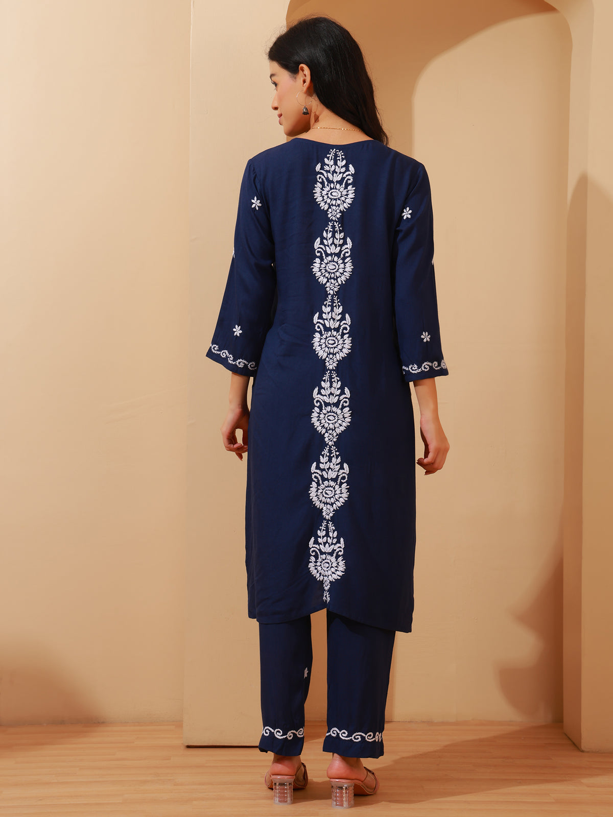 Nazaira Rayon Chikankari Kurta Pant Set for Women | Navy Blue Lucknowi Hand Embroidery Long Kurti with Pant & Pockets | Handmade Ethnic Wear for Women | Modern Traditional Handwork