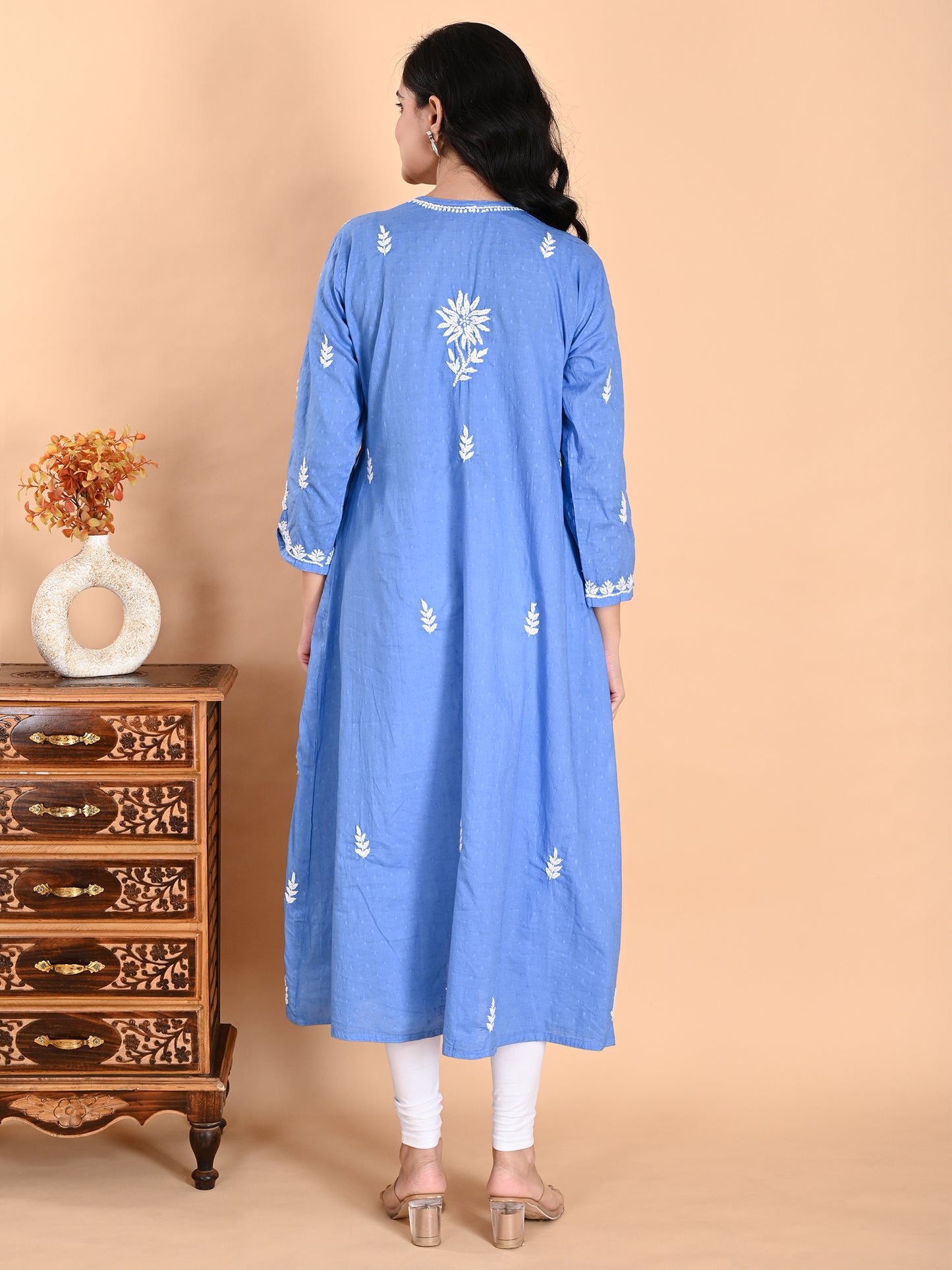 Blue Cotton Lucknowi Chikankari Long Gown Style Kurta for Women with White Hand Embroidery – Ethnic Wear Kurti