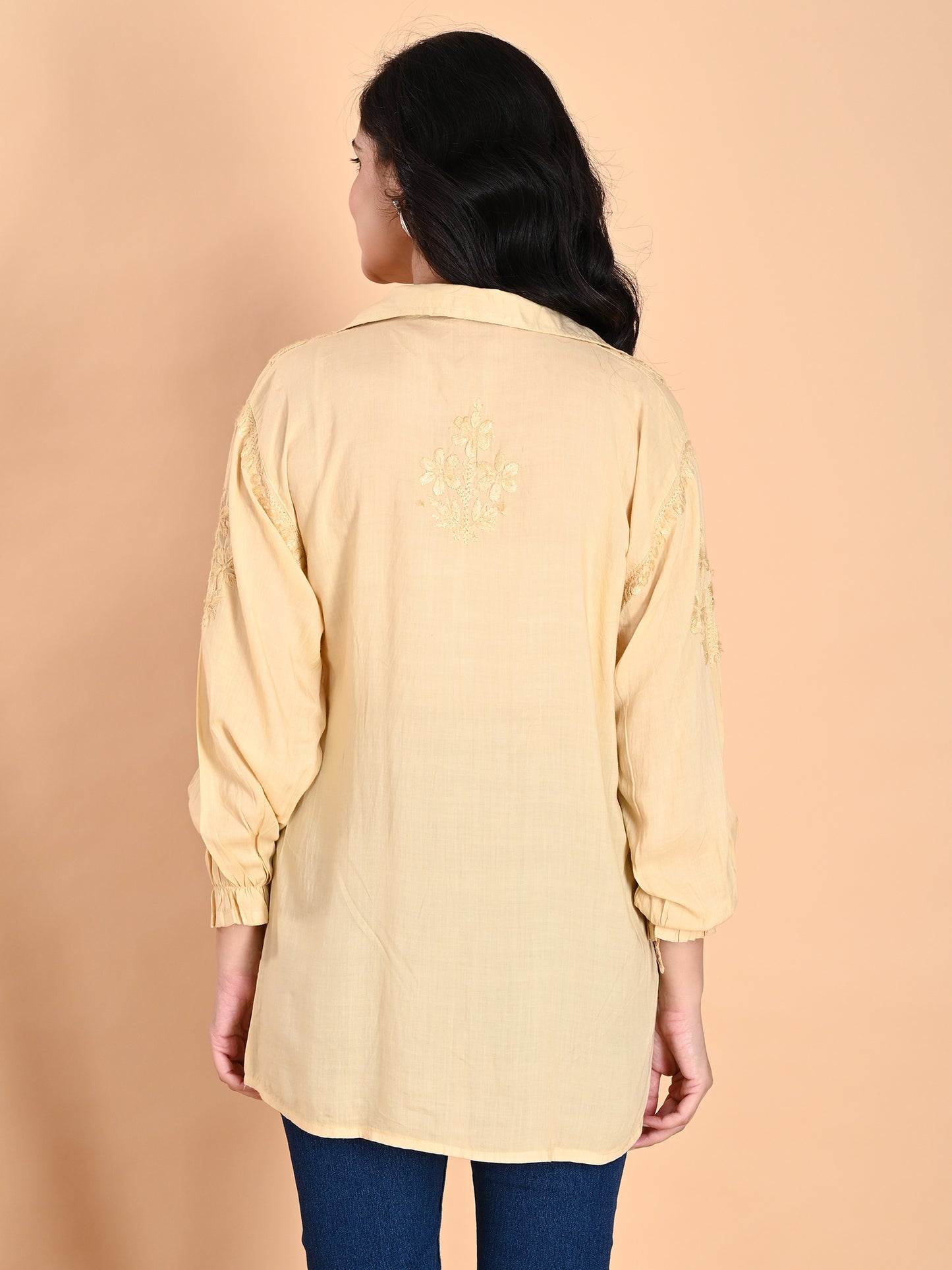 Cream Modal Lucknowi Chikankari Shirt Style Short Kurti for Women with Hand Embroidery – Casual Ethnic Wear Top