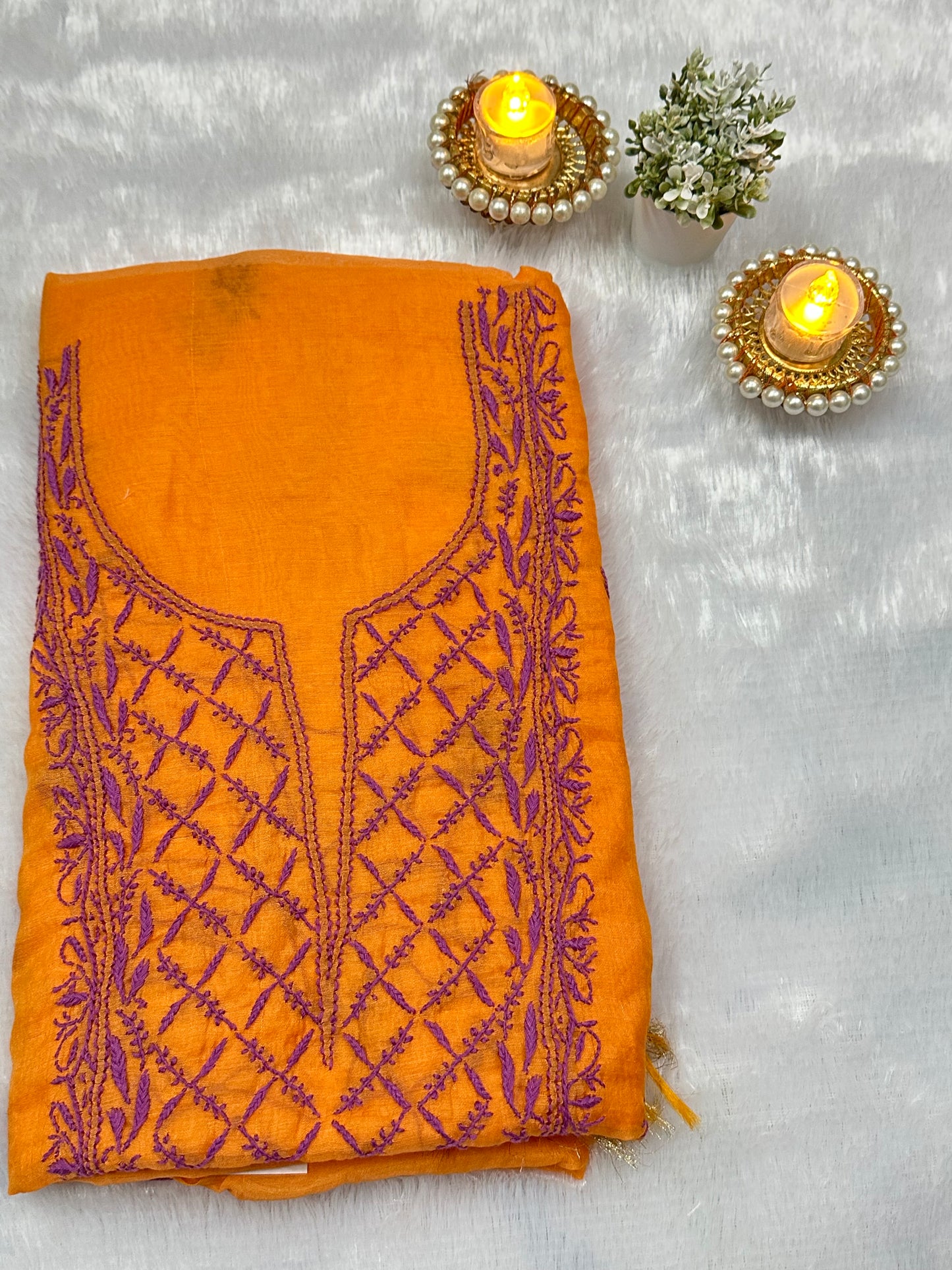 Pure Mul Chanderi Lucknowi Chikankari Unstitched Suit for Women with Dupatta – Hand Embroidered Ethnic Dress Material (2 Piece Set) - Orange 2
