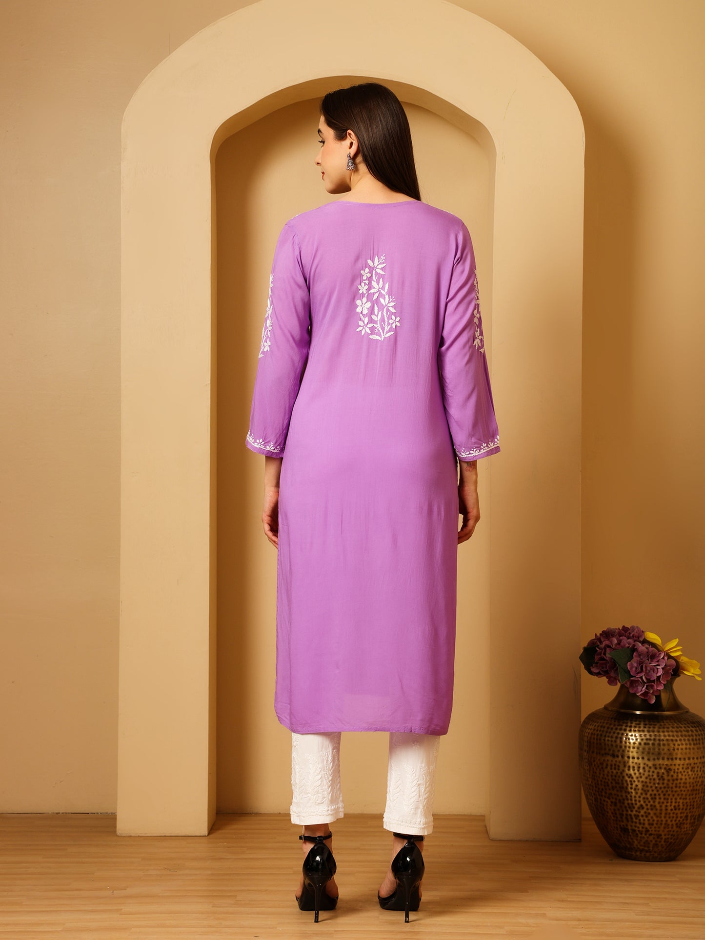 Nazaira Women’s Modal Chikankari Kurta Lavender | Hand Embroidered Lucknowi Chikankari Kurti | Ethnic Wear Long Kurta for Women | Lightweight Breathable Daily & Festive Wear