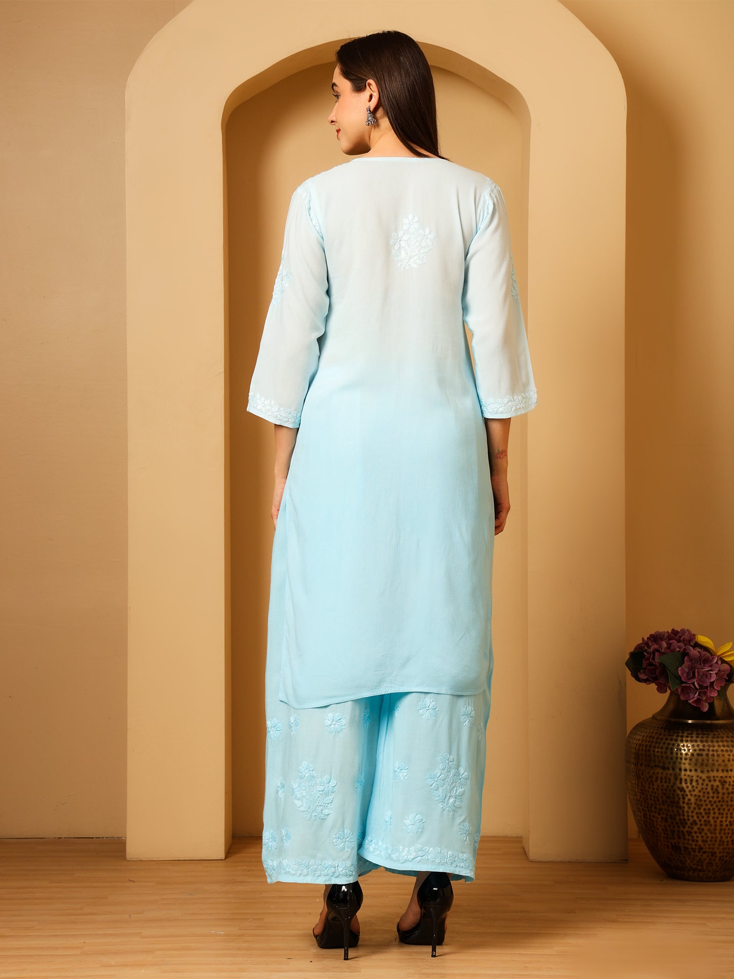 Nazaira Women’s Rayon Lucknow Chikankari Kurta Palazzo Set | Firozi Blue Ombre Hand Embroidered Kurti Set | Ethnic Wear for Women | Handmade Luckhnawi Chickankari Kurta with Palazzo