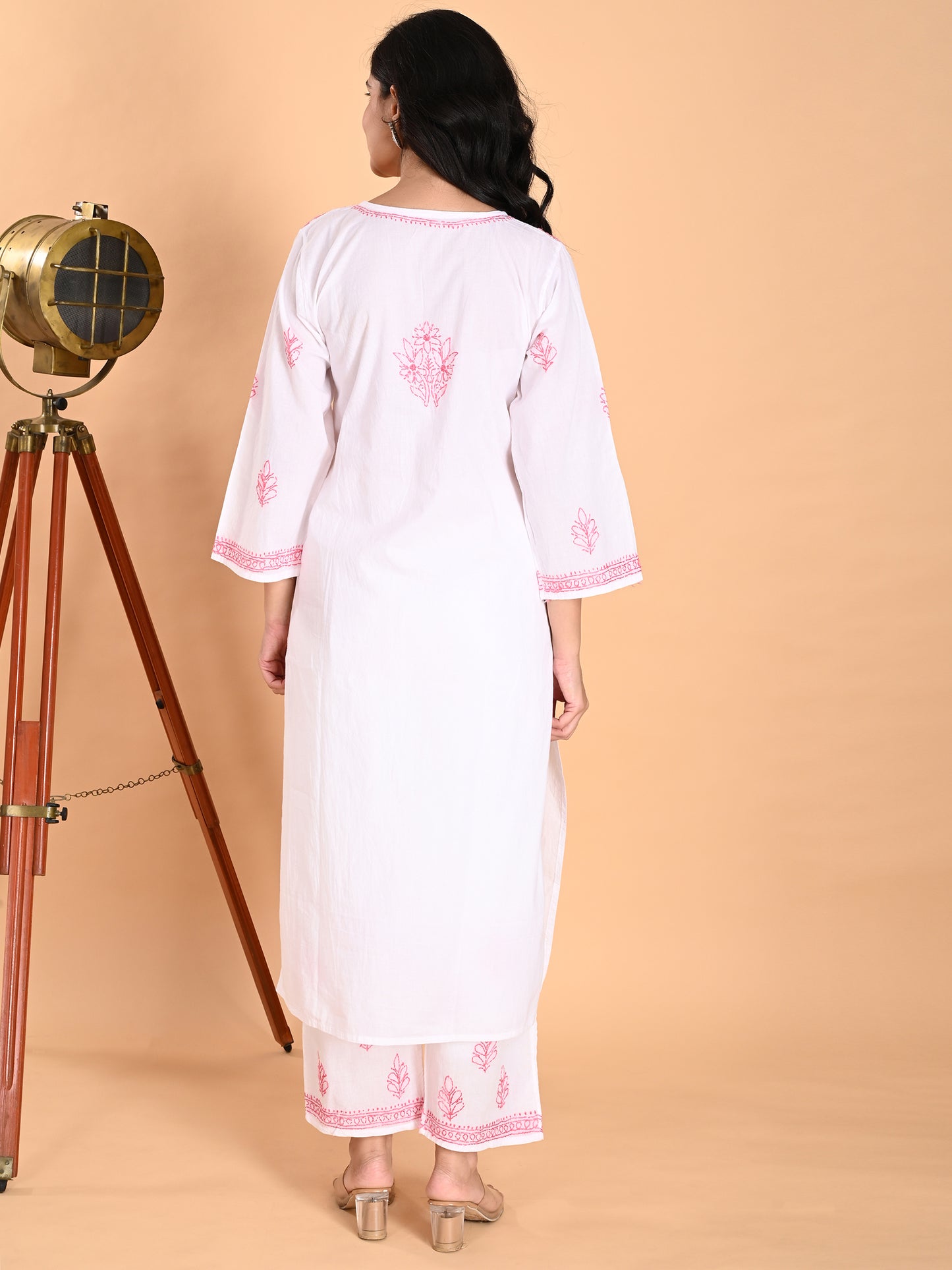 White Cotton Lucknowi Chikankari Kurta with Pajama Set for Women with Pink Thread Hand Embroidery – Ethnic Wear Suit Set