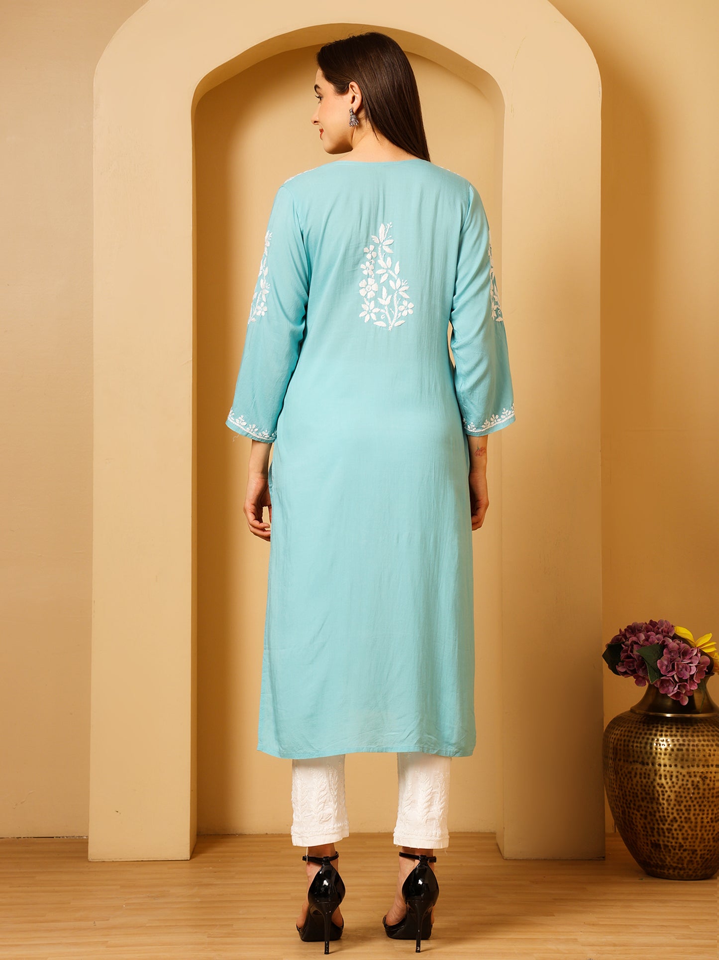 Nazaira Women’s Modal Chikankari Kurta Sea Green | Hand Embroidered Lucknowi Chikankari Kurti | Ethnic Wear Long Kurta for Women | Lightweight Breathable Daily & Festive Wear