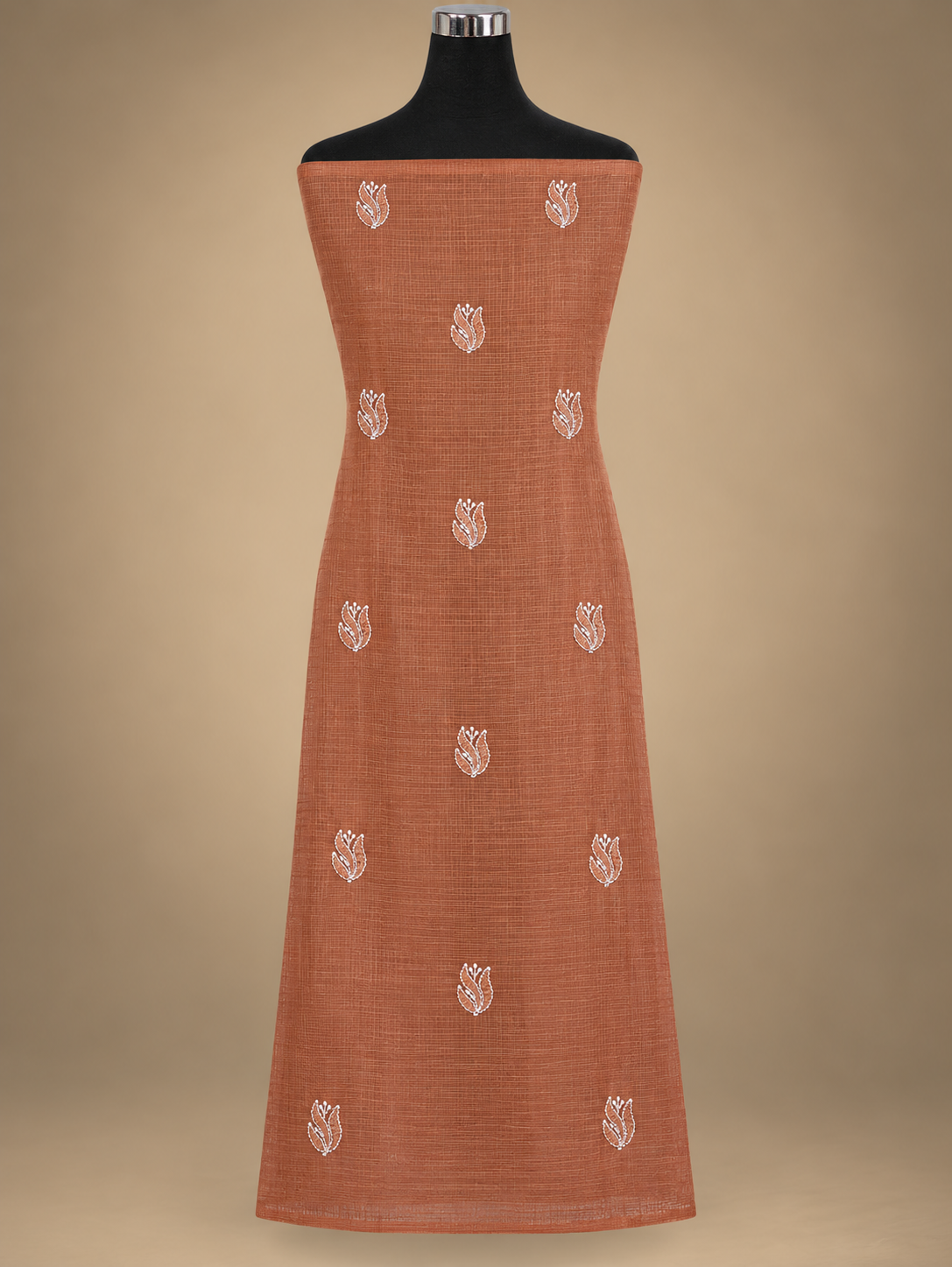 Women's Terracotta Brown Kota Cotton Unstitched 2 Piece Suit Dress Material with Dupatta | Lucknowi Chikankari Hand Embroidery | Glass Gala Neck, Heavy Dupatta Work | Pooja Wedding Festive