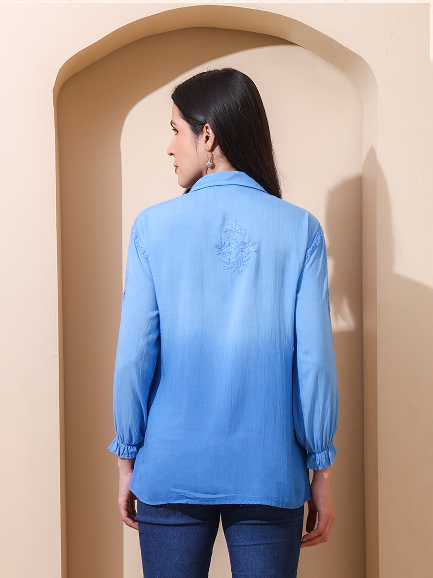 Nazaira Women’s Modal Lucknow Chikankari Shirt for Women | Hand Embroidered Luckhnawi Chickankari Top | Blue Ombre Ethnic Wear Shirt with 3/4 Sleeves | Handmade for Women