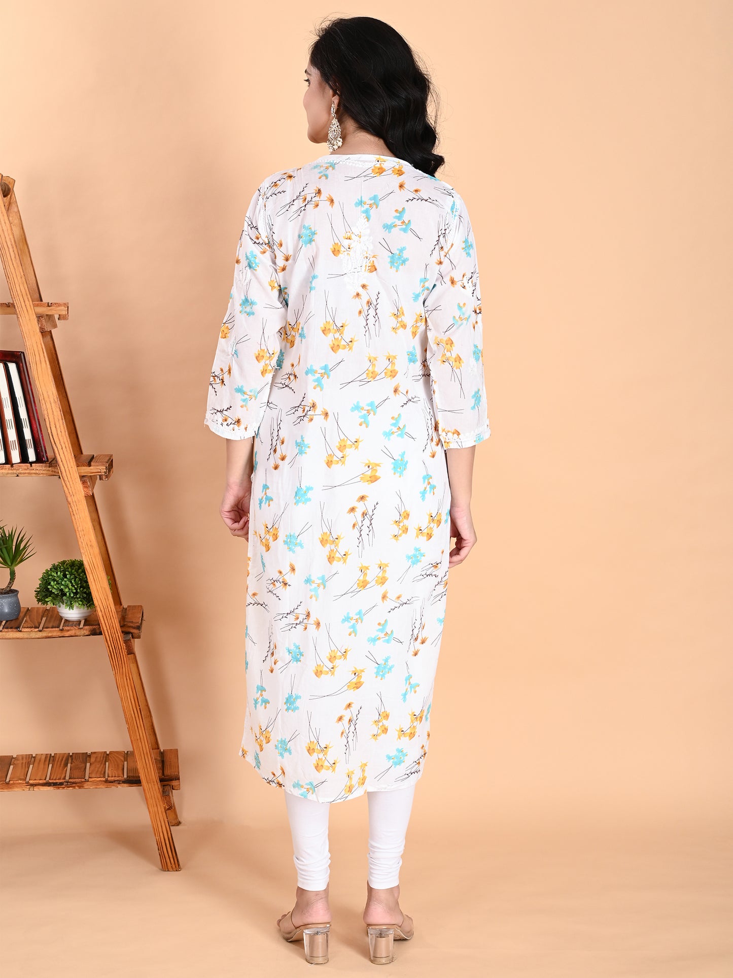 Mulmul Cotton Lucknowi Chikankari Blue Floral Printed Long Kurta for Women with Hand Embroidery – Ethnic Wear Kurti
