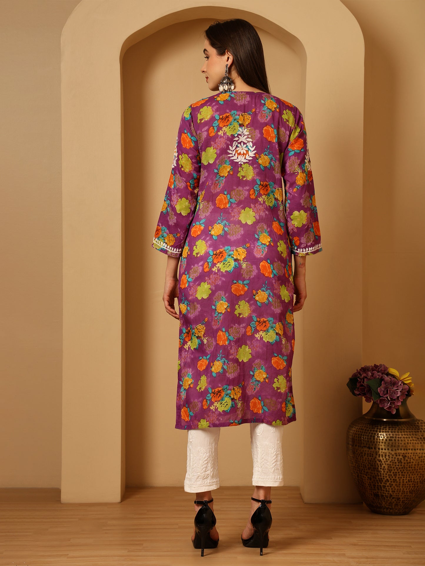 Nazaira Women’s Purple MUL Cotton Lucknowi Chikankari Long Kurti | Hand-Embroidered Floral Printed Cotton Kurta | Elegant Ethnic Wear for Women | Traditional Lucknow Chikan Work |