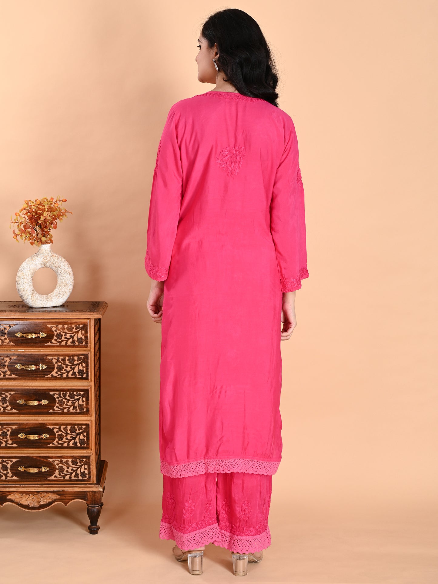Magenta Muslin Lucknowi Chikankari Kurta with Palazzo Set for Women with Hand Embroidery – Long Ethnic Wear Suit Set