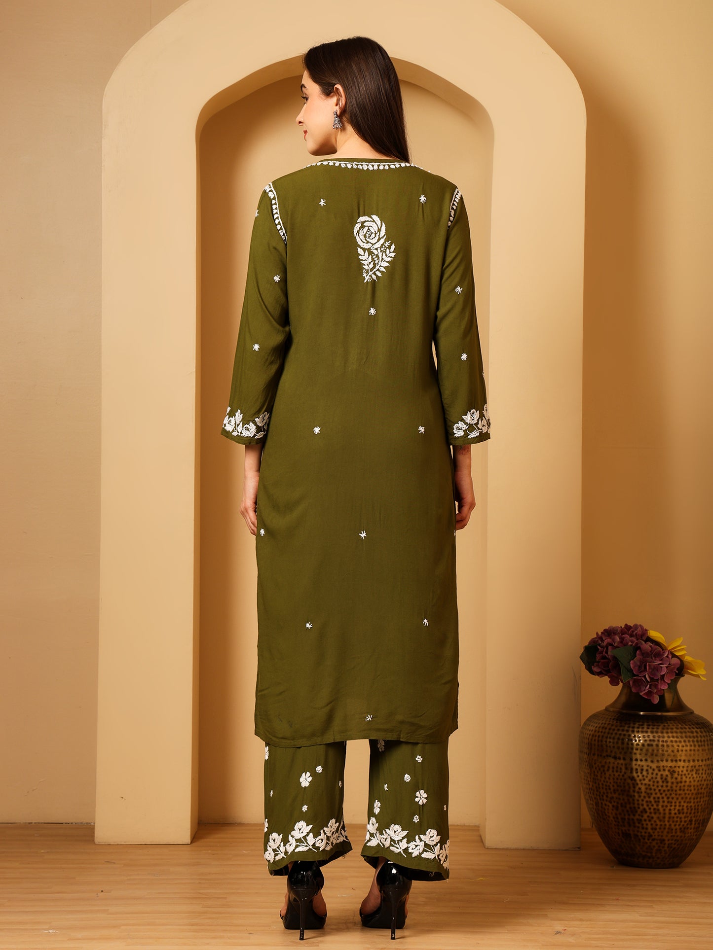 Nazaira Women’s Rayon 3D Work Lucknow Chikankari Kurta with Palazzo Set | Hand Embroidered Lucknawi Chickankari Kurti | Ethnic Wear for Women | Mehndi Green |
