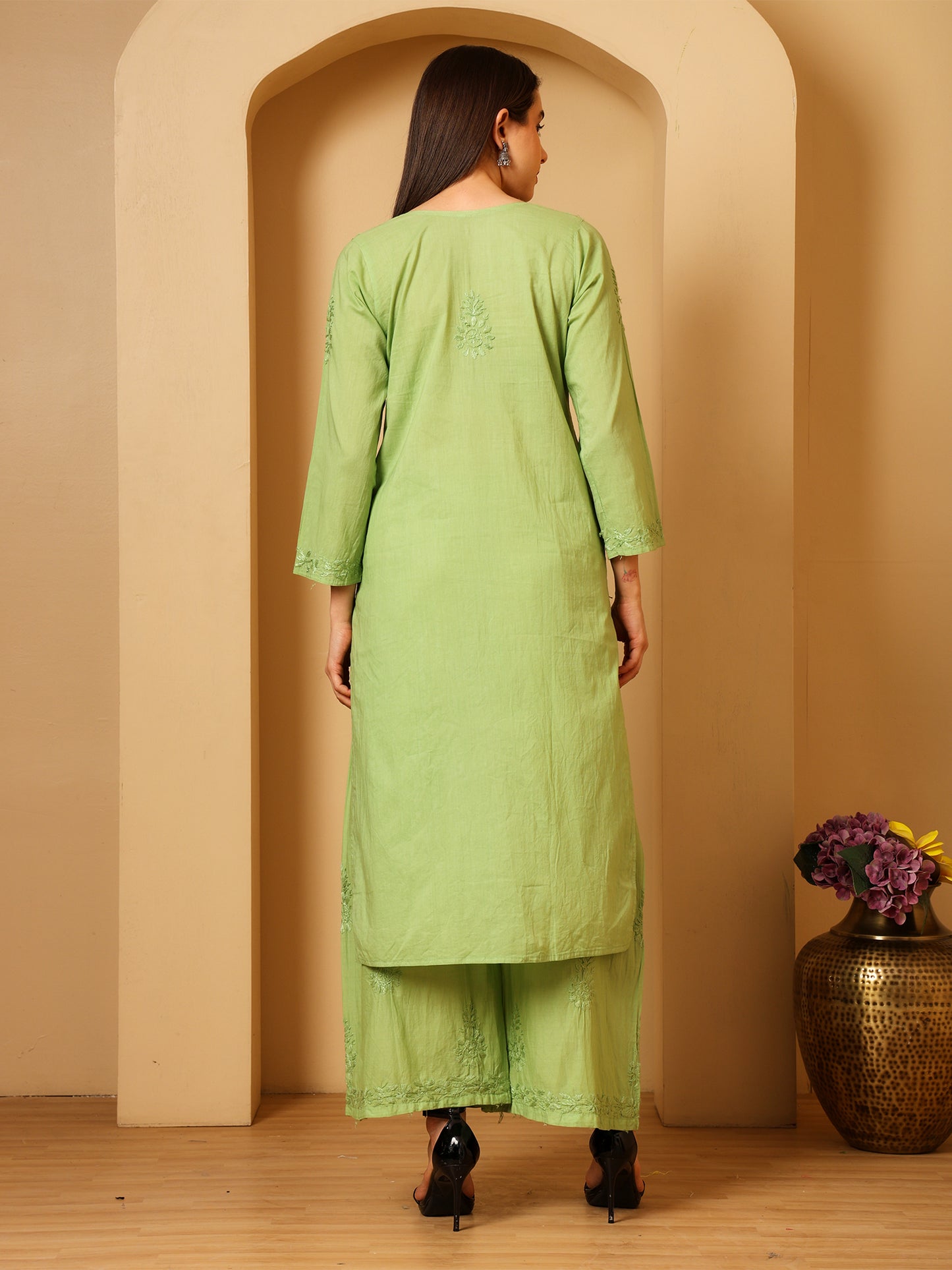 Cotton Chikankari Kurta Palazzo Set for Women | Hand Embroidered Lucknowi Chikankari Kurti with Palazzo | Ethnic Wear Long Kurta Set (Green) | Handmade Cotton Kurta for Women