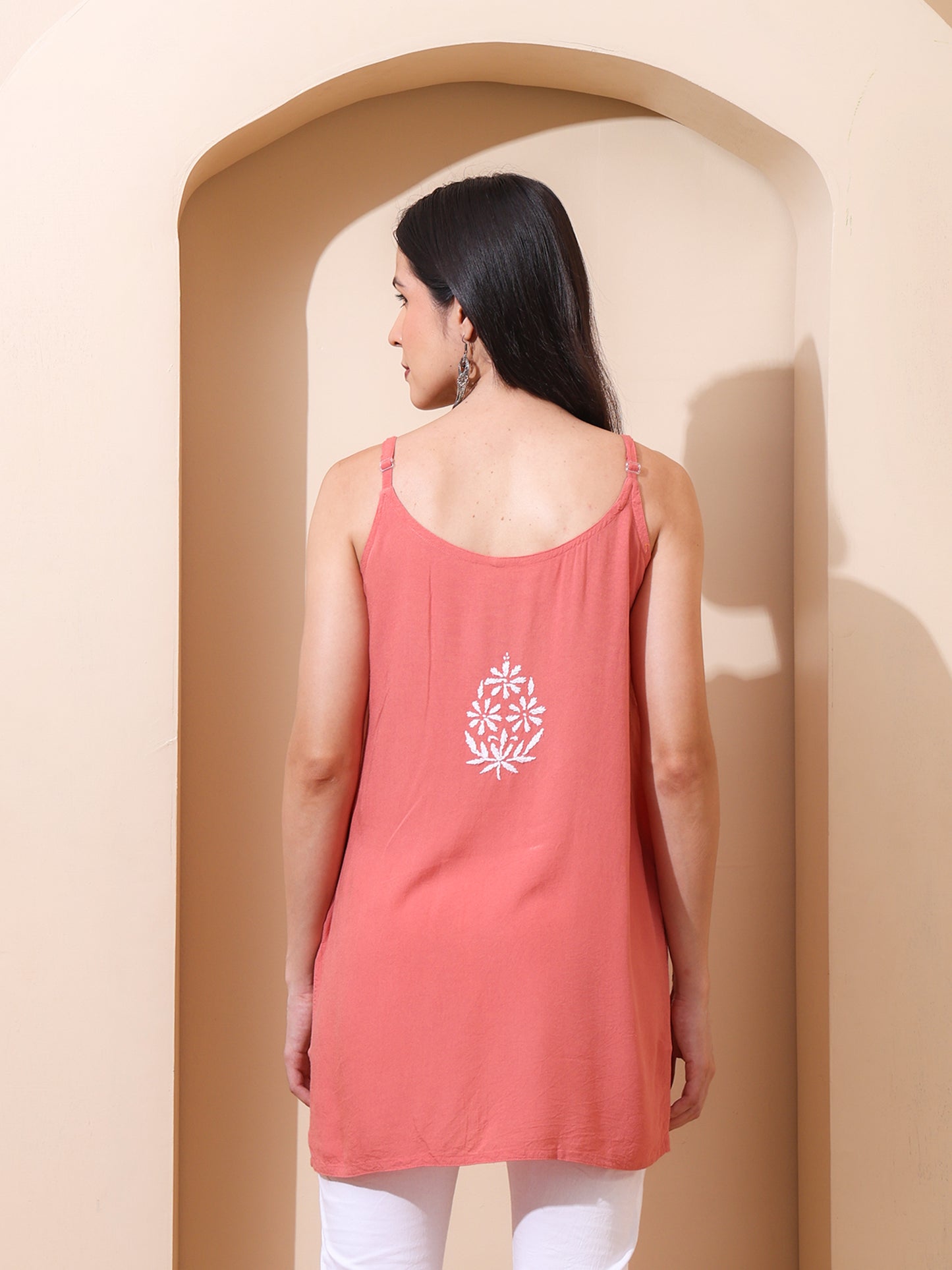 Nazaira Lucknow Chikankari Women’s Sleeveless Short Kurti | Hand Embroidered Rayon Kurta for Women | Peach Ethnic Wear Top | Lucknawi Chikankari