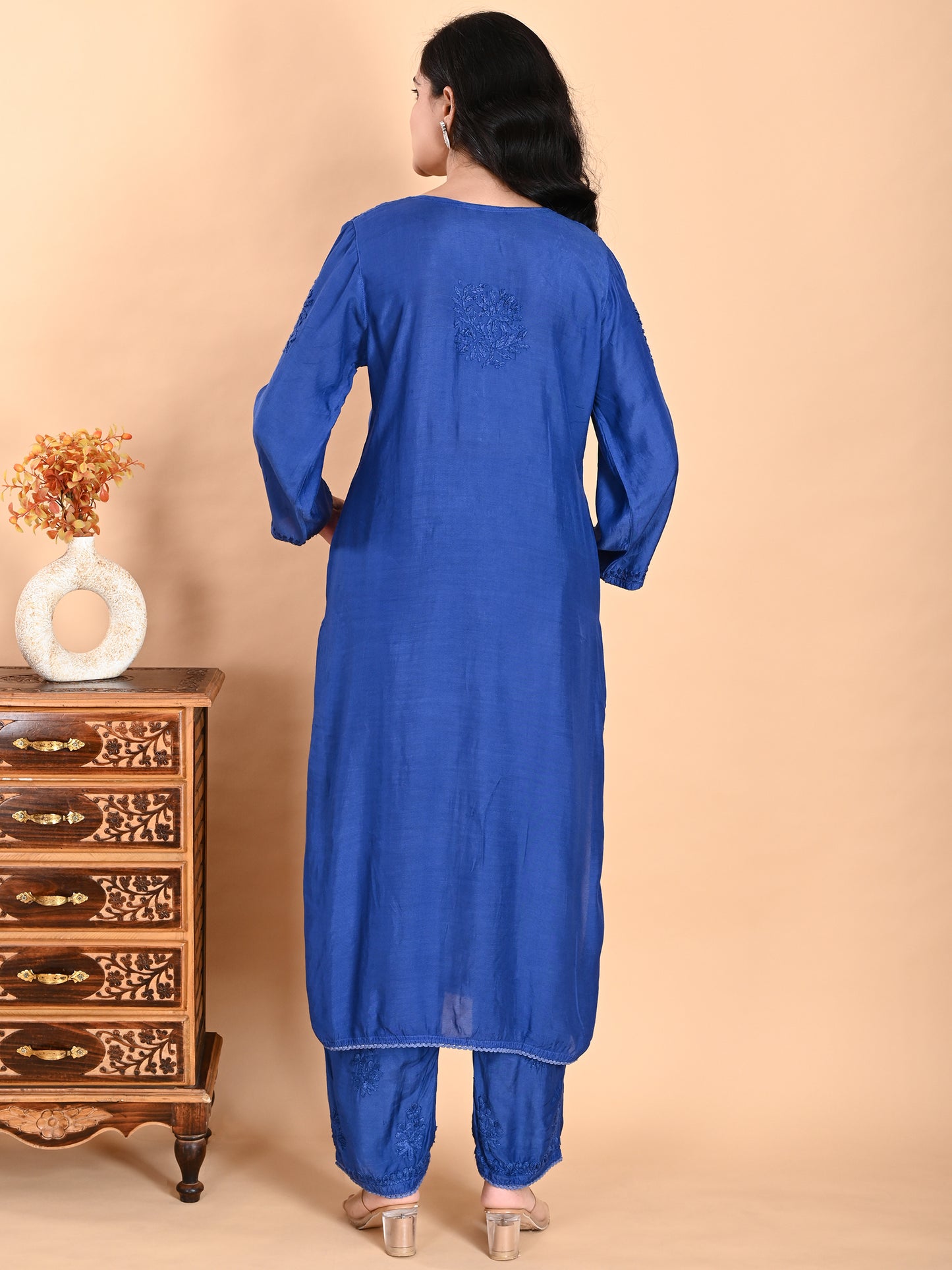 Blue Muslin Lucknowi Chikankari Kurta Set with Pajama for Women with Hand Embroidery – Festive Ethnic Wear Long Kurti Set