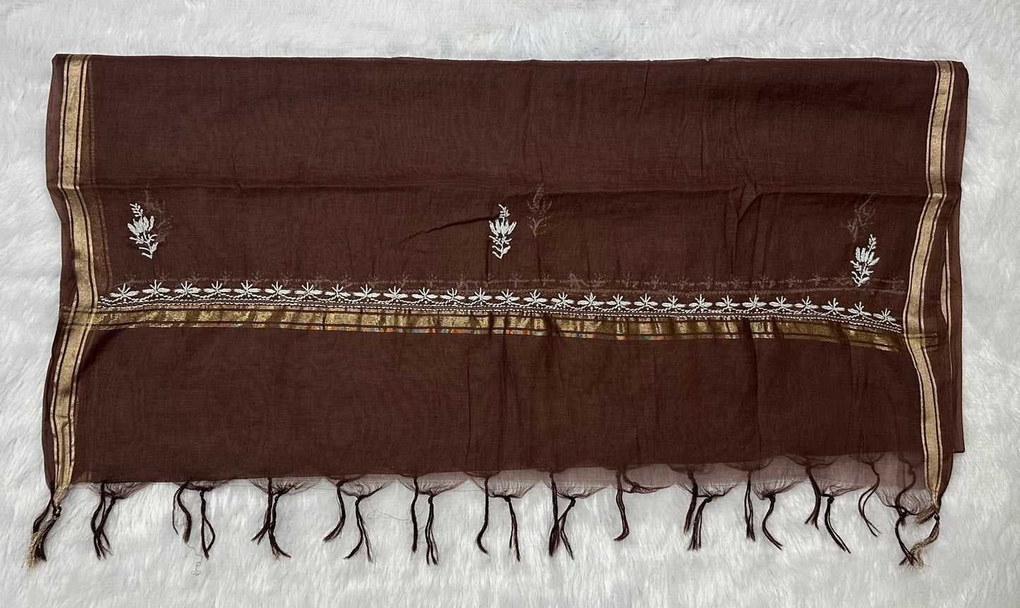 Pure Mul Chanderi Lucknowi Chikankari Unstitched Suit for Women with Dupatta – Hand Embroidered Ethnic Dress Material (2 Piece Set) - Brown