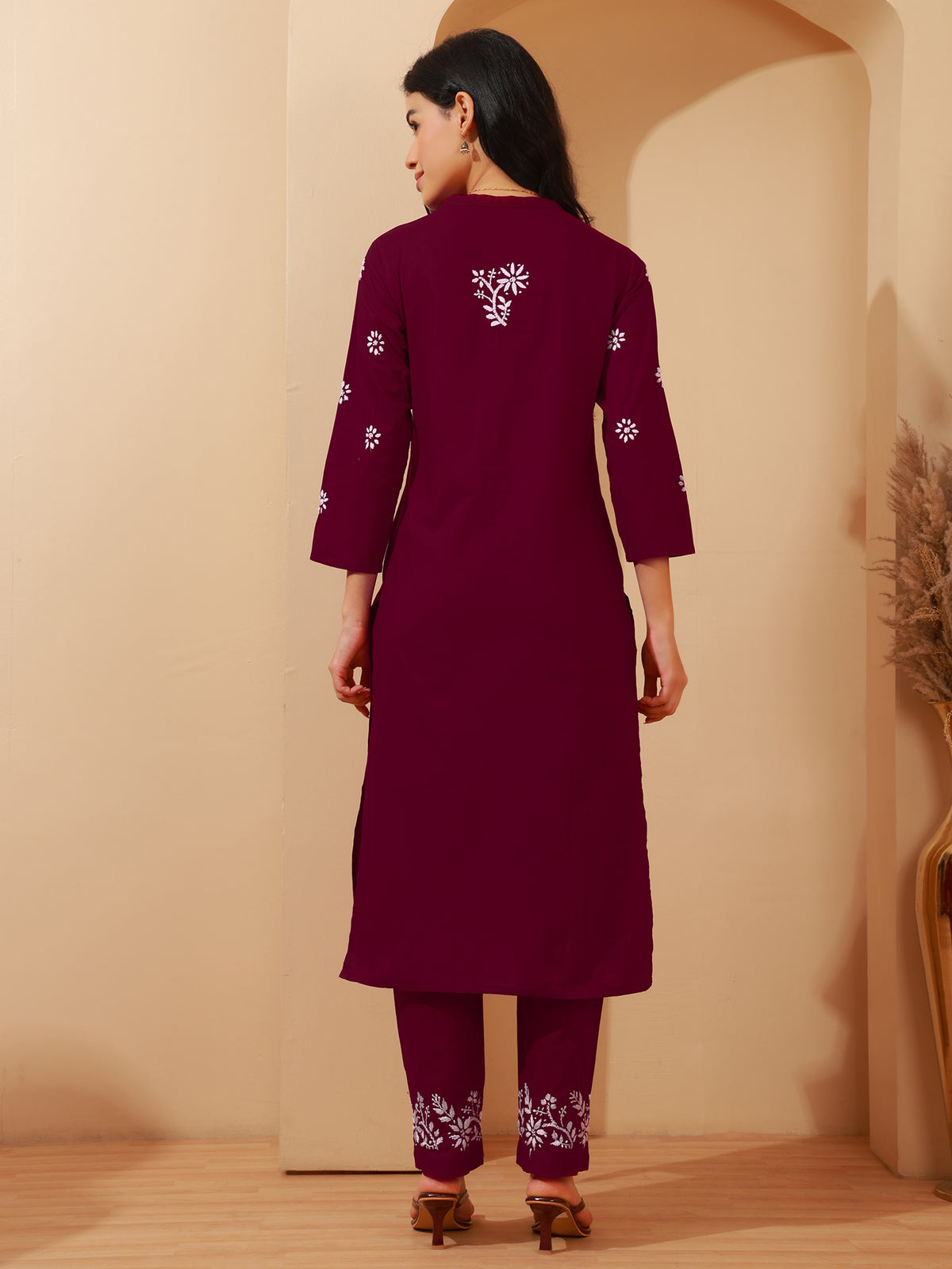 Nazaira Cotton Chikankari Kurta Pant Set for Women | Wine A-Line Long Kurti with Hand Embroidery | Lucknowi Chikankari Ethnic Wear with Pants & Pockets | Handmade Handwork Kurta Set
