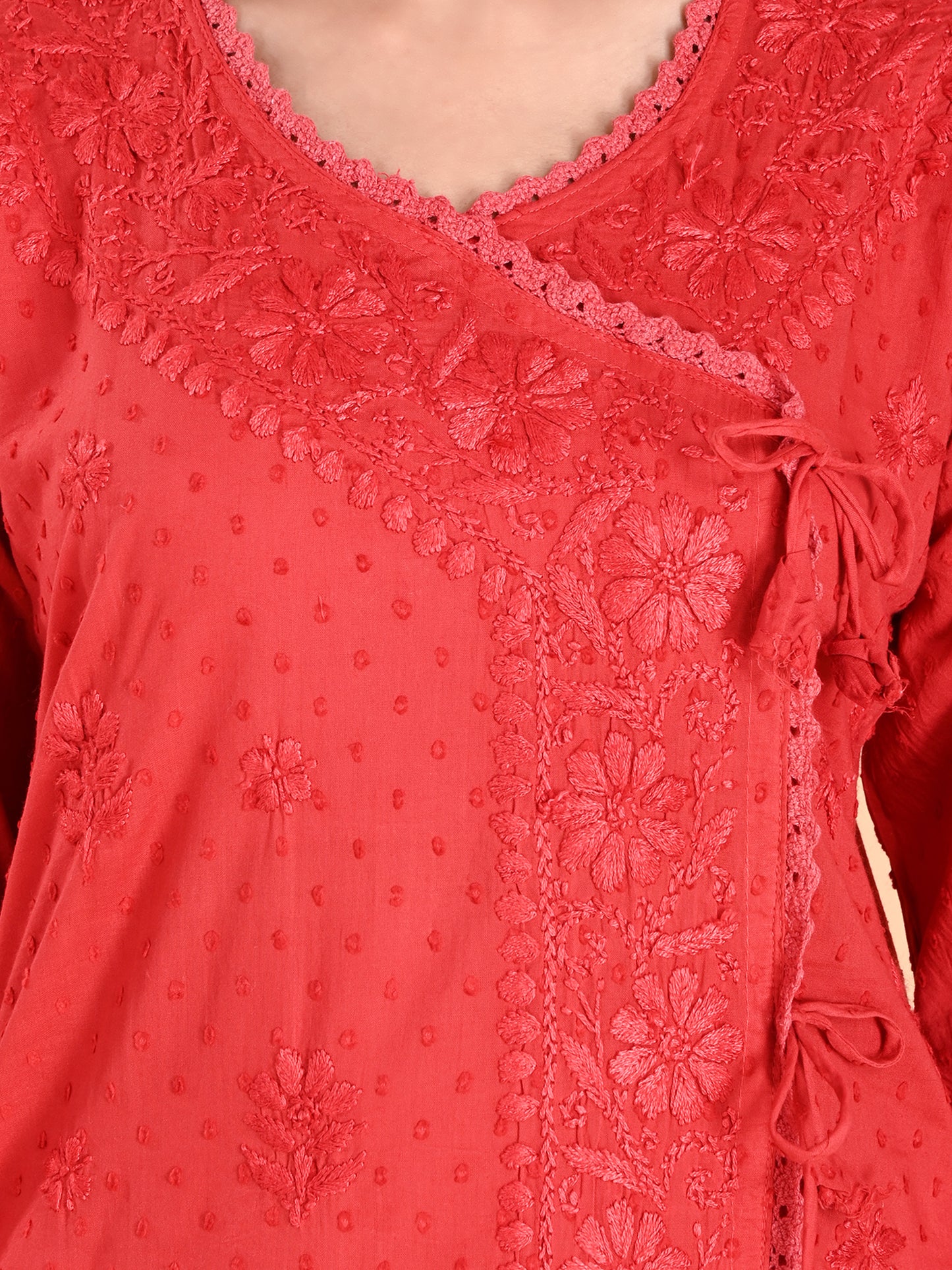 Red Cotton Lucknowi Chikankari Angarkha Kurta for Women with Hand Embroidery – Long Ethnic Daily Wear Kurti