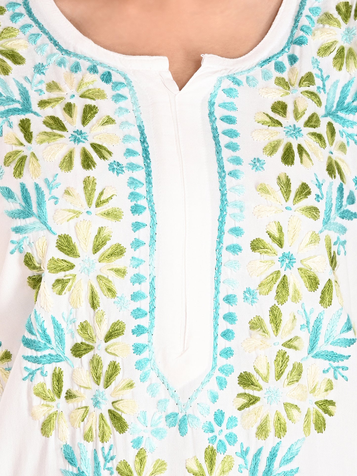 White Rayon Lucknowi Chikankari Long Kurta for Women with Blue & Green Floral Hand Embroidery – Ethnic Wear Kurti