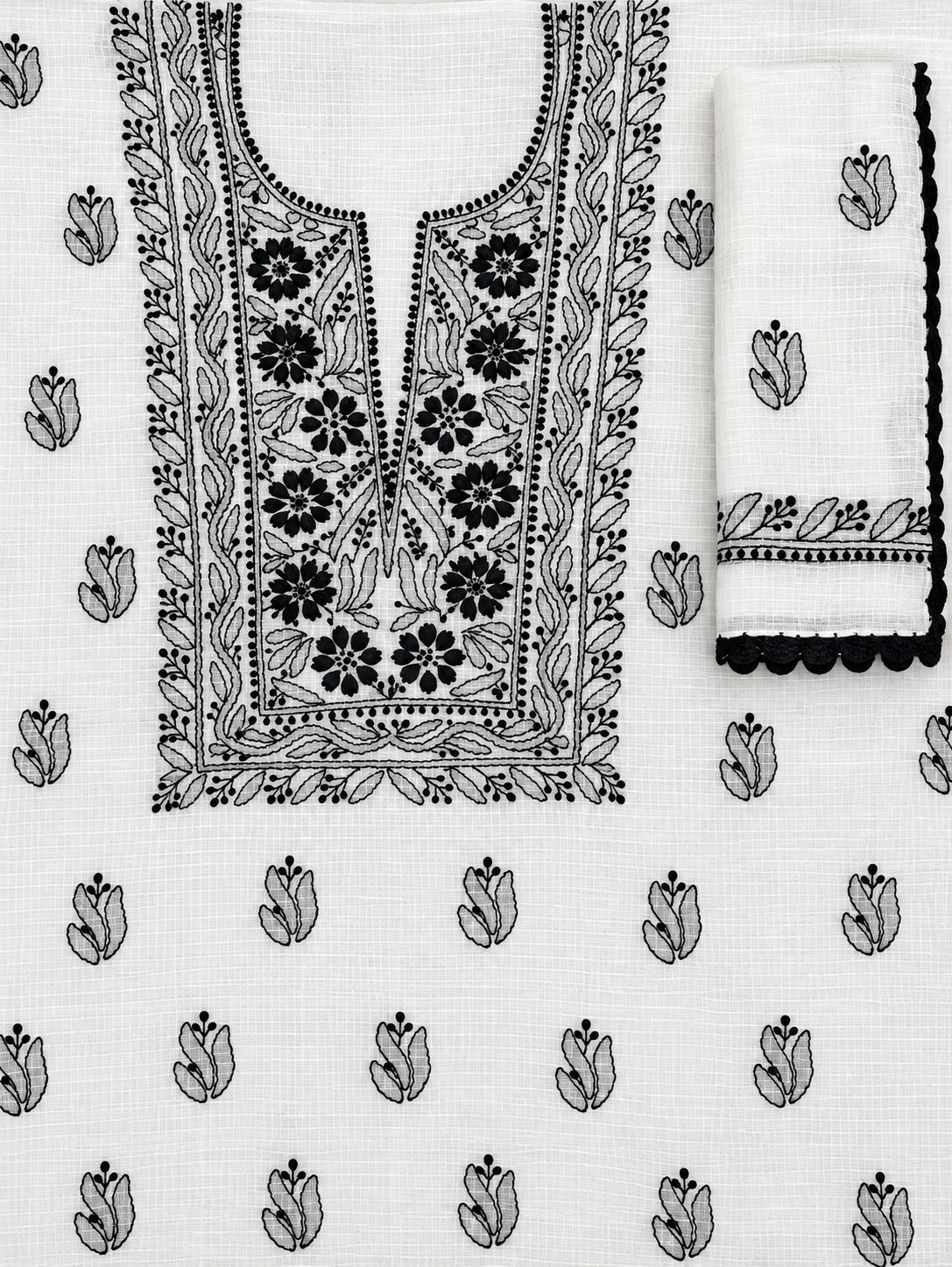 Women's White Kota Cotton Unstitched 2 Piece Suit Dress Material with Dupatta | Lucknowi Chikankari Hand Embroidery | Glass Gala Neck, Heavy Dupatta Work | Pooja Wedding Festive