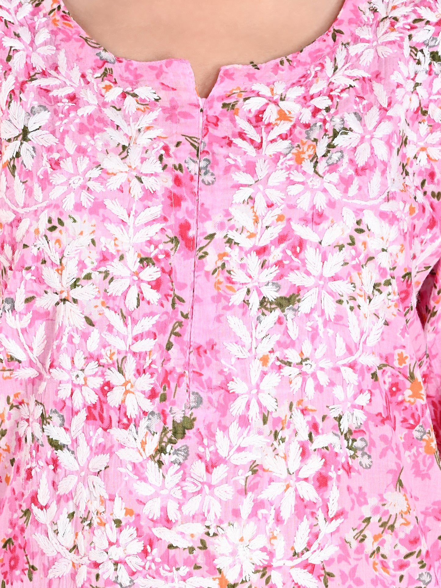 Pink Mul Cotton Lucknowi Chikankari Floral Printed Long Kurti for Women with Hand Embroidery – Elegant Ethnic Wear Kurta