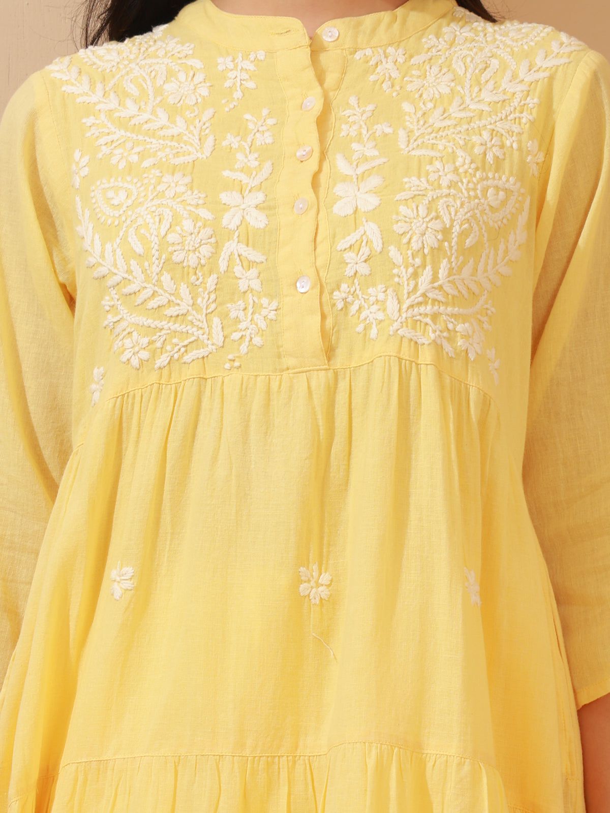 Nazaira Women’s Cotton Lucknow Chikankari Gown Style Long Kurta with Pockets | Butter Yellow Hand Embroidered Ethnic Wear | Handmade Lucknowi Chikankari Kurti | Traditional Handwork