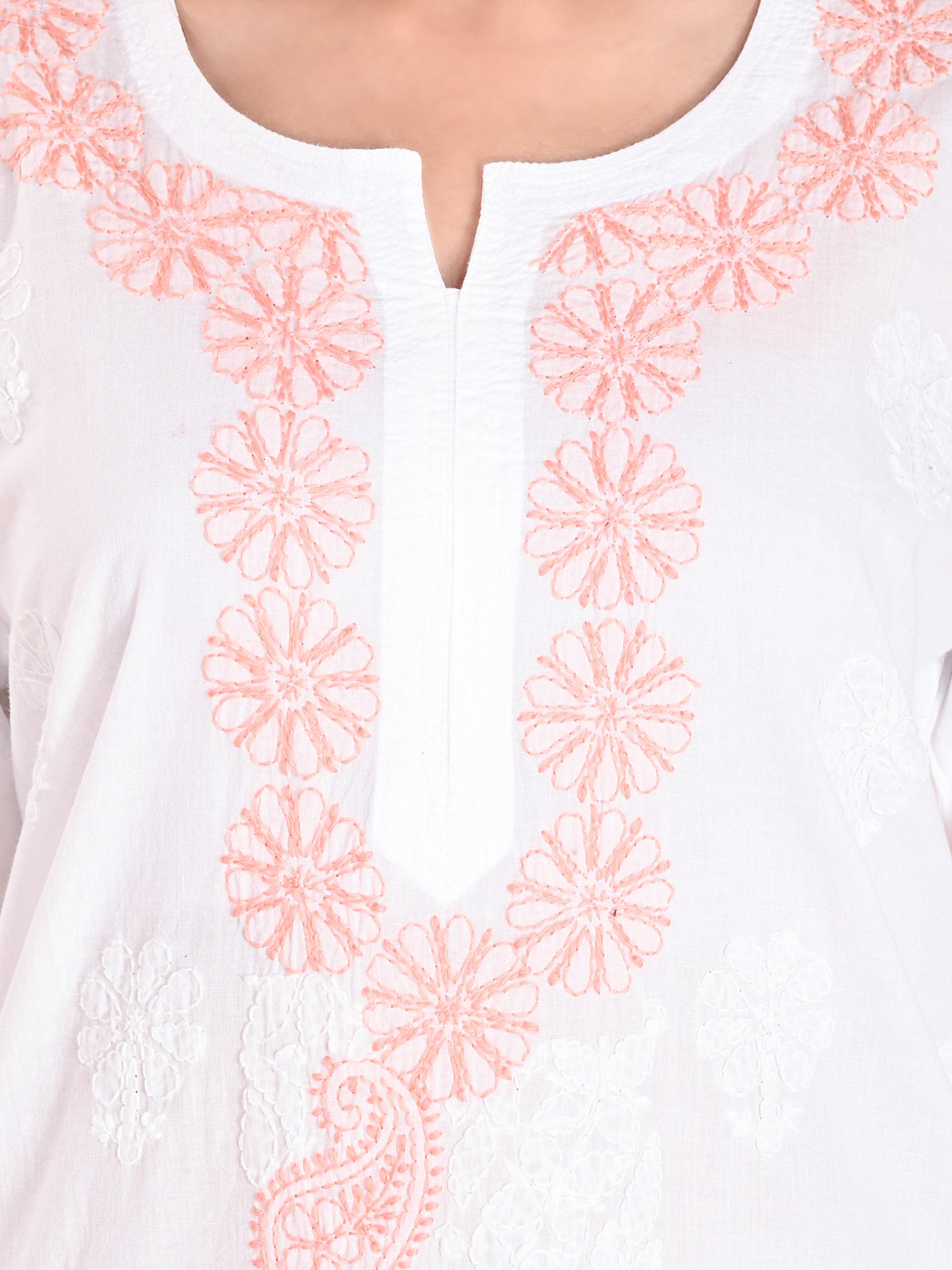 White Mulmul Cotton Lucknowi Chikankari Long Kurta for Women with Peach Hand Embroidery – Authentic Ethnic Wear Kurti