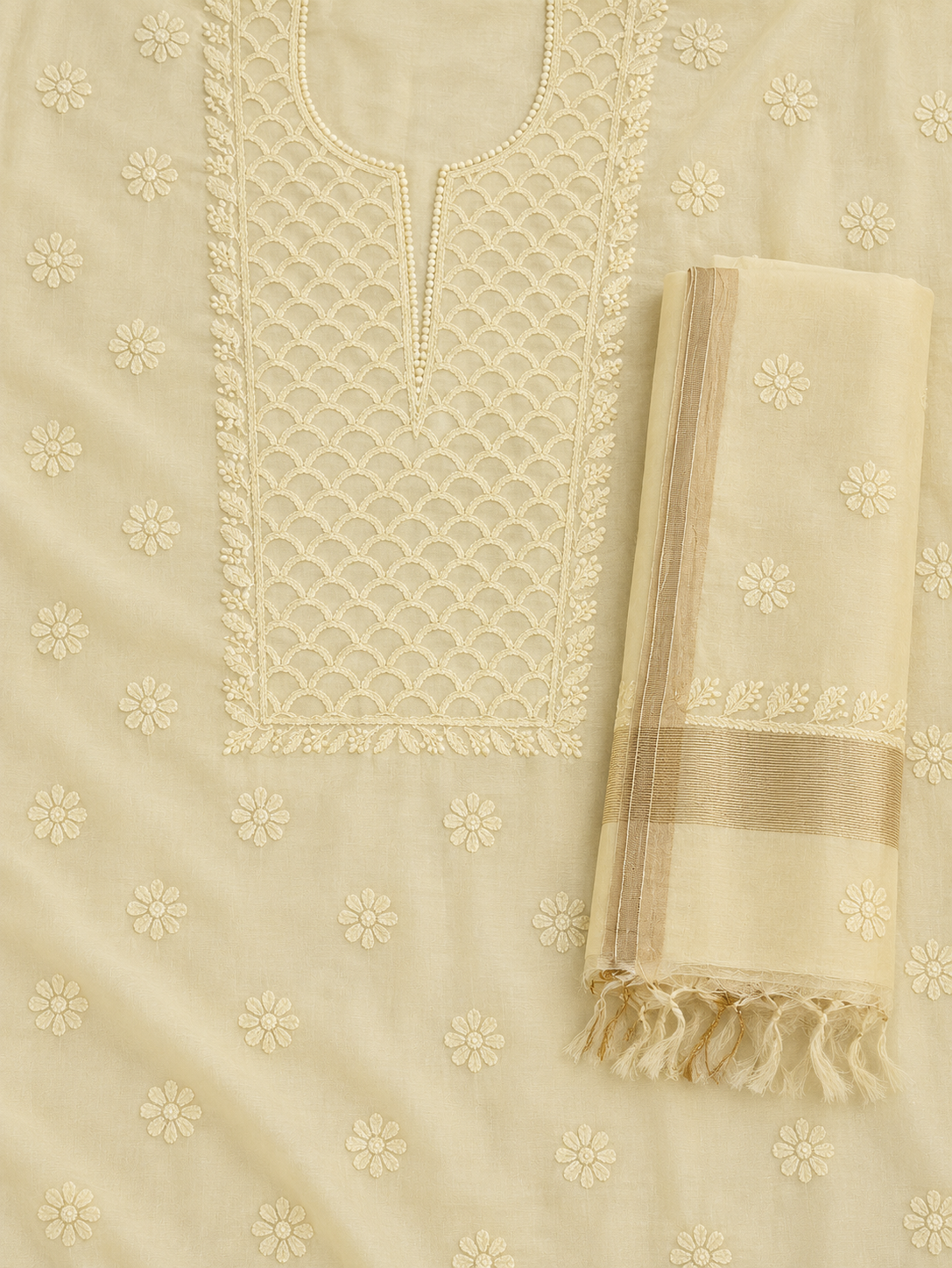 NAZAIRA Women's Lemon Yellow Silk Chanderi Unstitched 2-Piece Suit (Kurta Fabric & Dupatta) | Hand Embroidered Lucknow Chikankari | Glass Gala Neck Work, All-Over Buti | Wedding & Festive