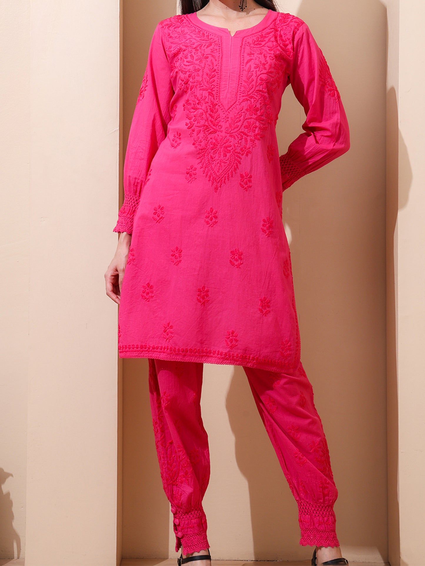 Nazaira Women’s Cotton Chikankari Kurta Pant Set | Hand Embroidered Lucknowi Chikankari Afghani Set for Women | Ethnic Kurti Set with Bottom Wear | Magenta