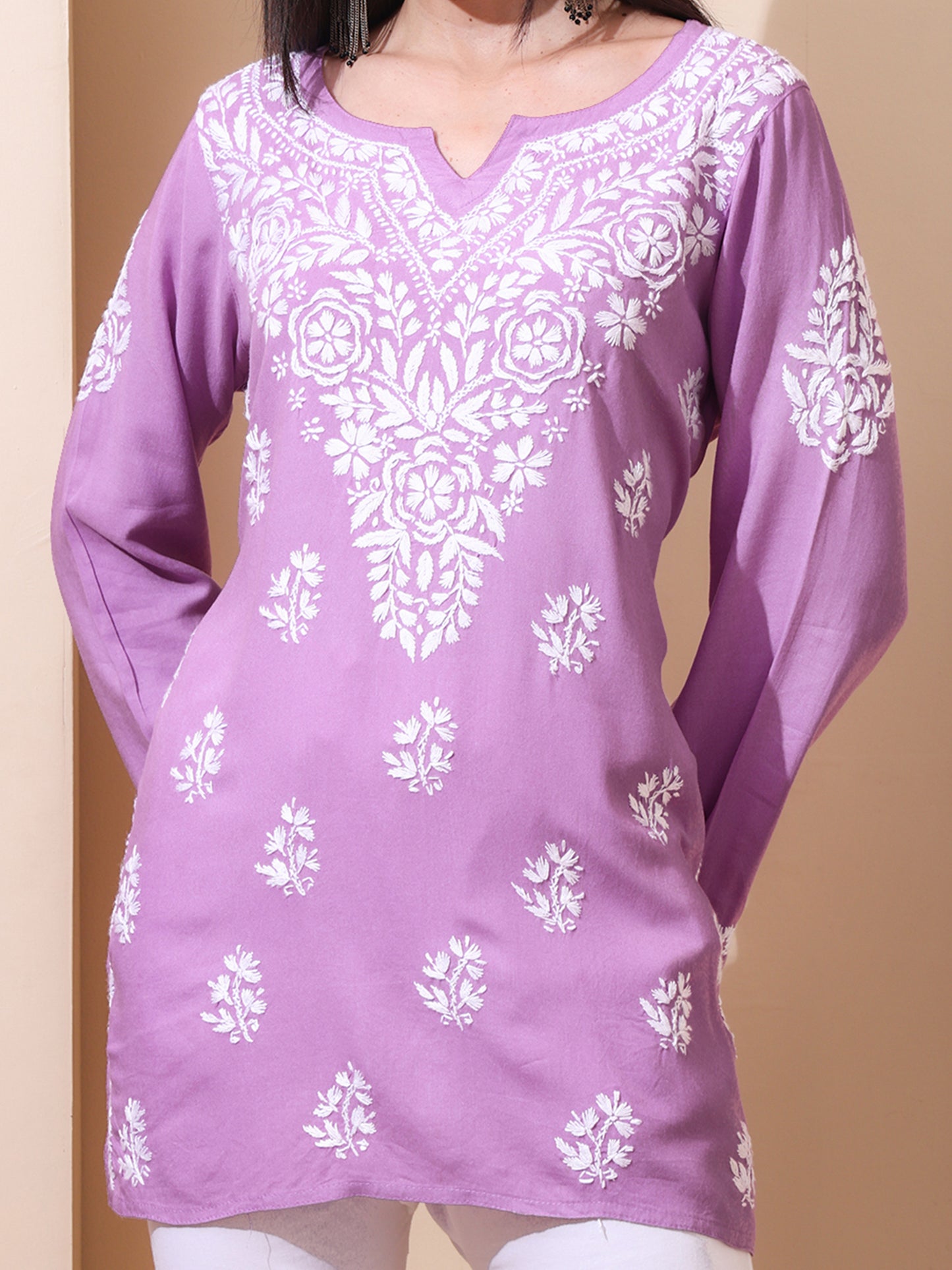 Nazaira Women’s Rayon Lucknow Chikankari Short Kurta | Handmade Hand Embroidered Luckhnawi Kurti for Women | Ethnic Wear Tunic Top for Daily, Casual Lavender