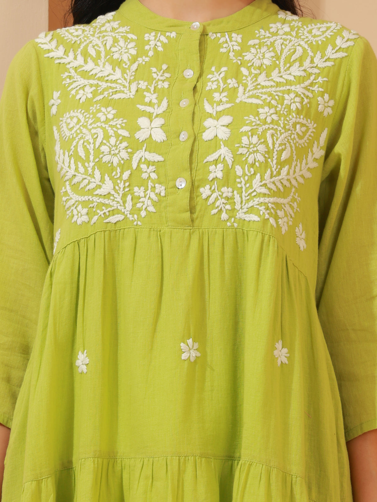 Nazaira Women’s Cotton Lucknow Chikankari Gown Style Long Kurta with Pockets | Green Hand Embroidered Ethnic Wear | Handmade Lucknowi Chikankari Kurti | Traditional Handwork