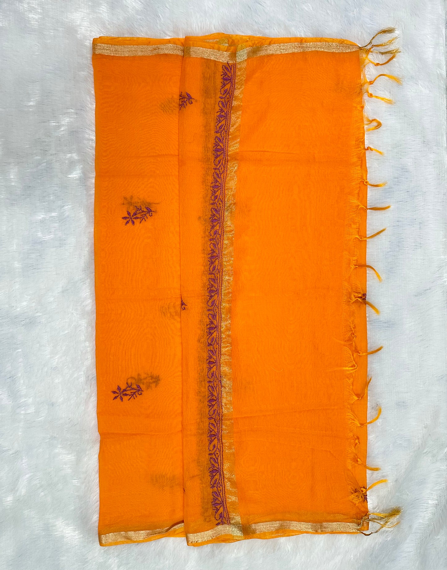 Pure Mul Chanderi Lucknowi Chikankari Unstitched Suit for Women with Dupatta – Hand Embroidered Ethnic Dress Material (2 Piece Set) - Orange 2